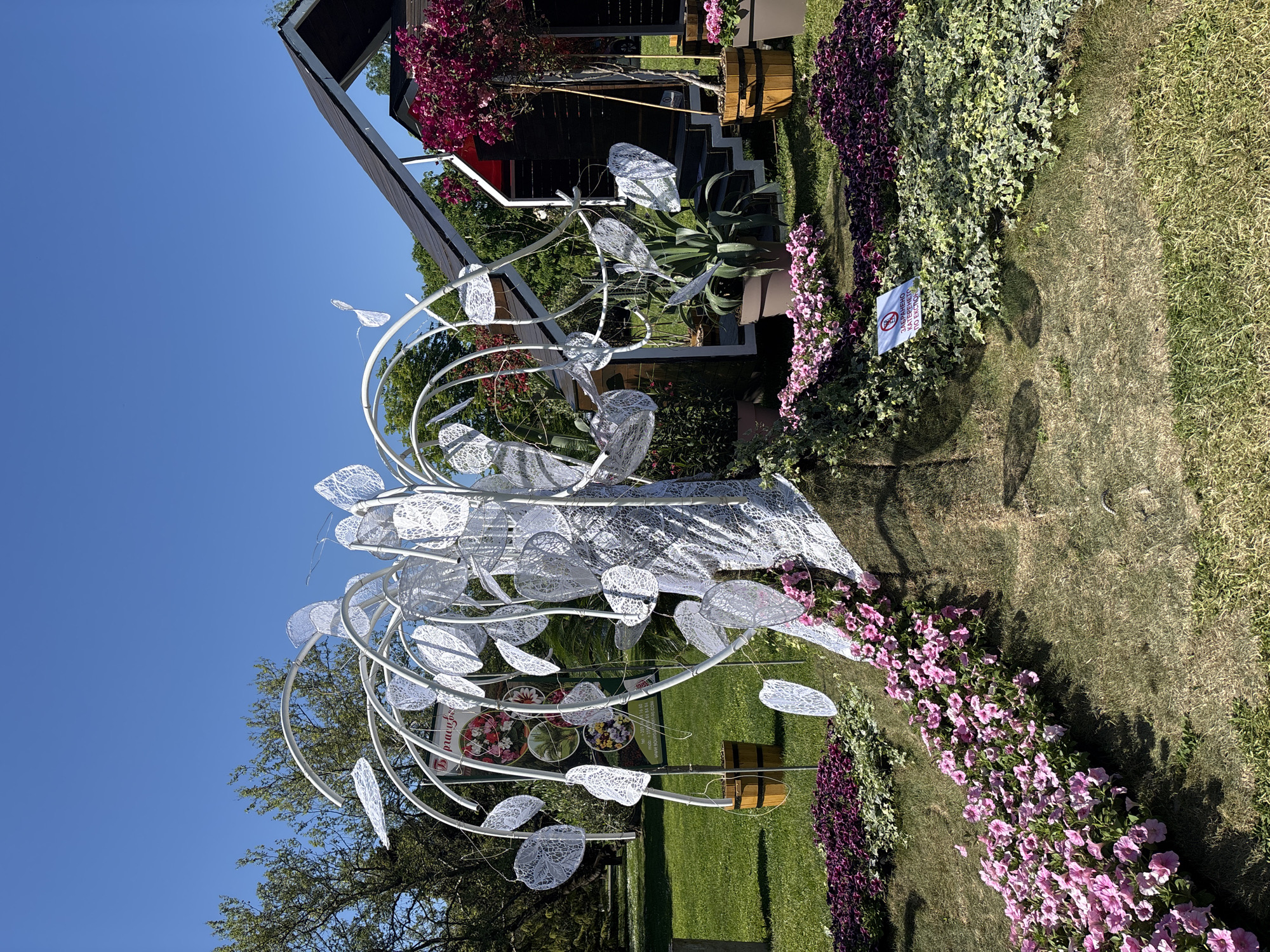 The image depicts a decorative, white, tree-like sculpture with intricate, leaf-like patterns, likely made of metal. It is situated in a garden setting with lush green grass and various flower beds, including pink and purple petunias. In the background is a building with red details and potted plants. A small sign with writing is present near the base of the sculpture. The sky above is clear and blue. The image was taken in Burgas, Bulgaria.