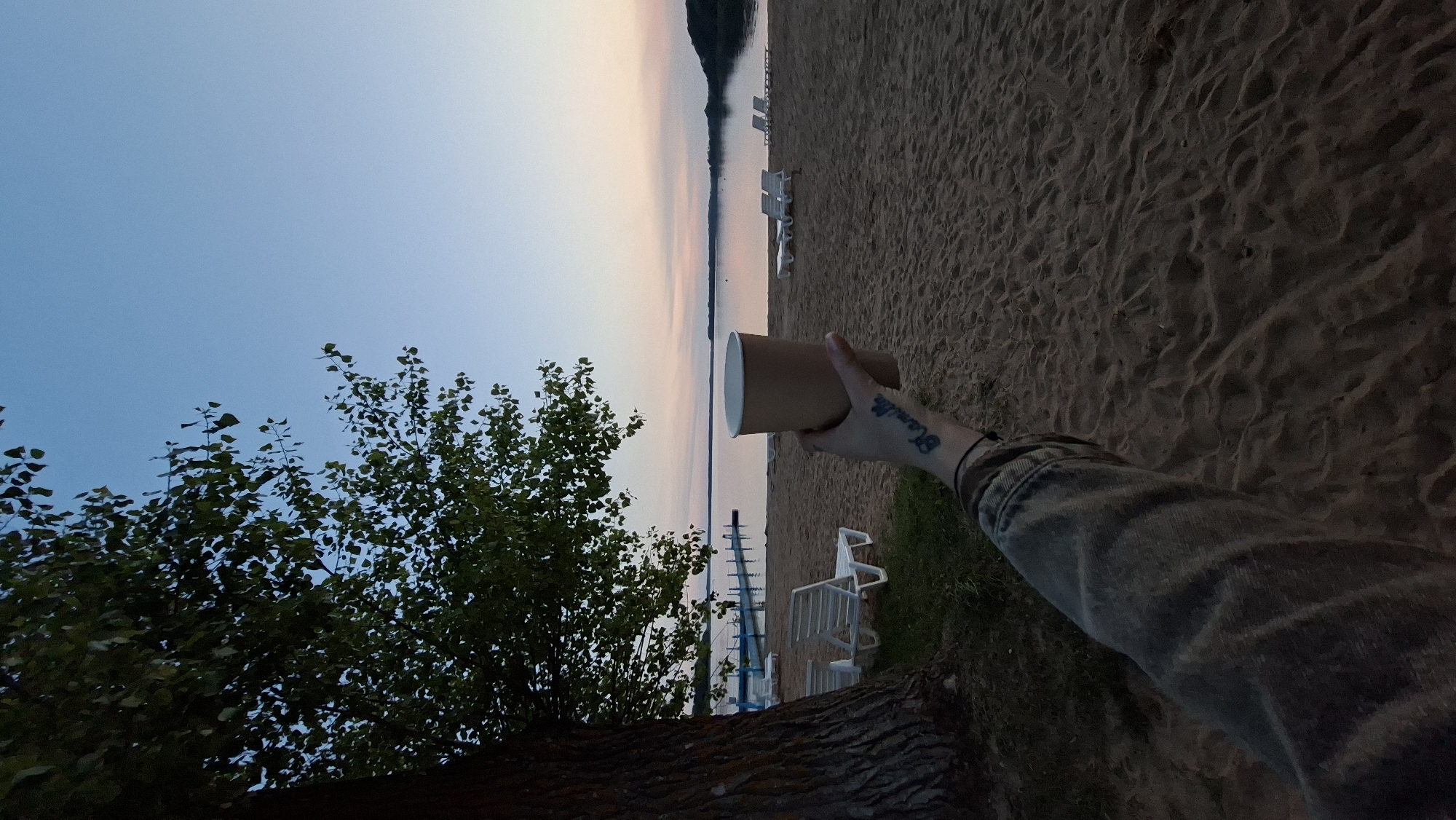 The image shows a first-person perspective of a person holding a disposable cup at a sandy beach. In the foreground, the person's arm, wearing a denim jacket, is visible, with a tattoo on their wrist. The beach has scattered white lounge chairs and a large tree on the left side. Beyond the beach, a calm body of water is visible, with a pier extending into it. The sky transitions from a clear blue at the top to hues of pink and orange near the horizon, indicating either sunrise or sunset. The background features a distant tree line and a light-colored sky. The location is identified as the shore of Lake Myadel in Myadzyel, Belarus.