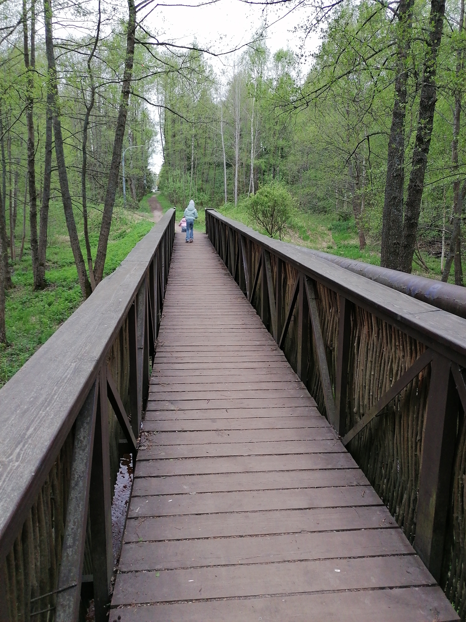 A medium, eye-level shot depicts a brown wooden bridge extending into a forest area. A person, possibly a woman wearing a light blue jacket and carrying an object, is visible on the bridge in the distance. The bridge is constructed with brown planks and has wooden railings on either side. A small body of water is visible beneath the bridge. On the right side of the bridge, two grey cylindrical pipes are affixed to the railing. The surrounding environment consists of trees with green leaves. The sky is overcast. Location: Unknown, Unknown.