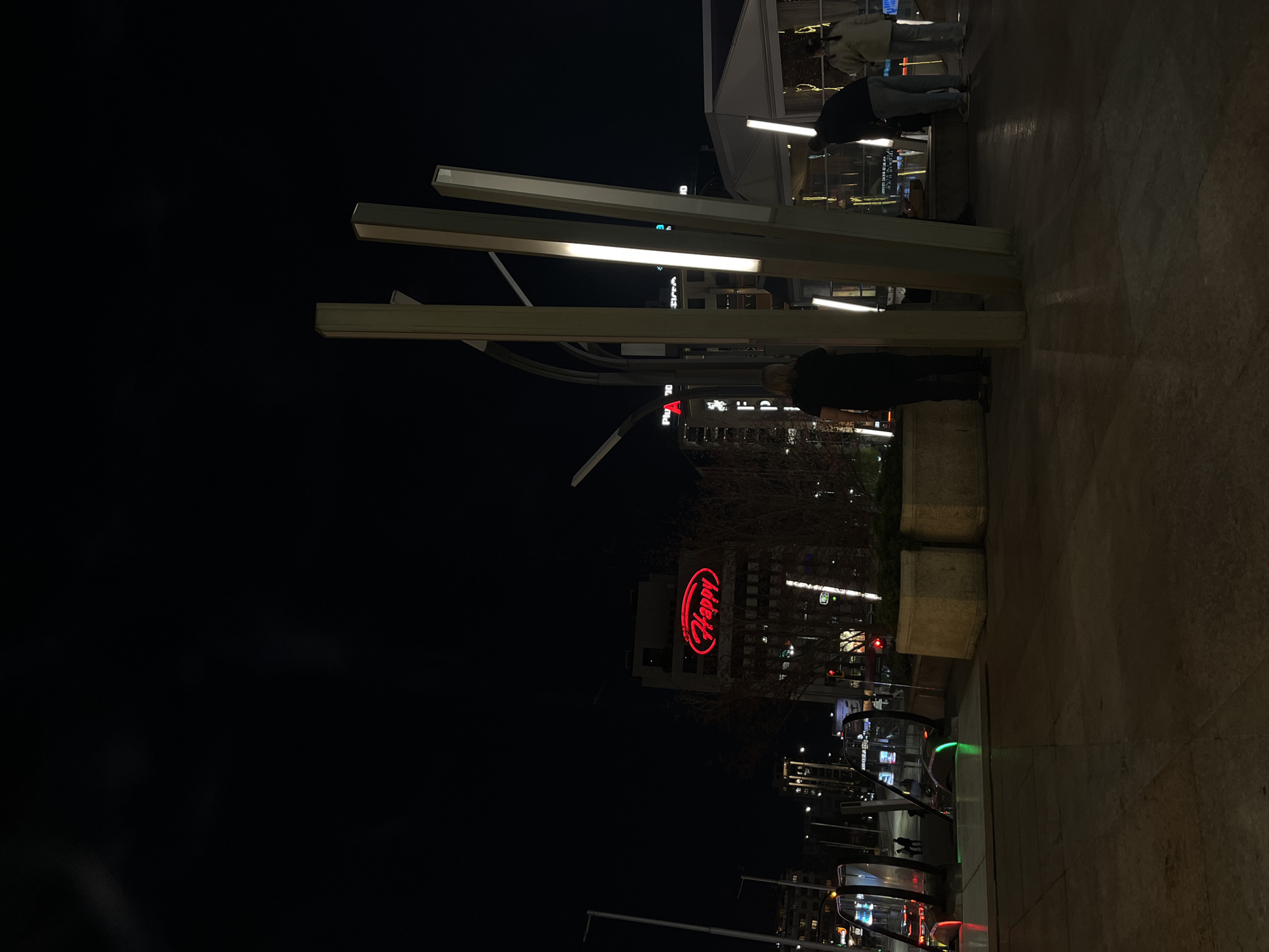The image depicts a nighttime urban scene in Sofia, Bulgaria, likely a street or plaza in a commercial district. In the foreground, several modern, angular light fixtures emit bright white light, casting illumination onto the ground and surrounding area.
A prominent red neon sign, spelling "Happy" in a distinctive curved font, stands out in the mid-ground, indicating a "Happy Bar & Grill" restaurant. Surrounding this, other buildings display various illuminated windows and commercial lights, though specific details are indistinct. Bare tree branches are visible, suggesting the season is late autumn or winter.
Several people are present, mostly appearing as partial figures or silhouettes. One individual in a dark jacket and jeans is partially visible on the right, standing near the light structures. Other pedestrians can be seen in the background, engaging in typical evening activity. The ground consists of a light-colored paved surface, with concrete planters or barriers visible.
The scene is characterized by the strong contrast between the dark night sky and the numerous artificial light sources, creating a lively urban atmosphere. No specific event is taking place beyond general city life at night.