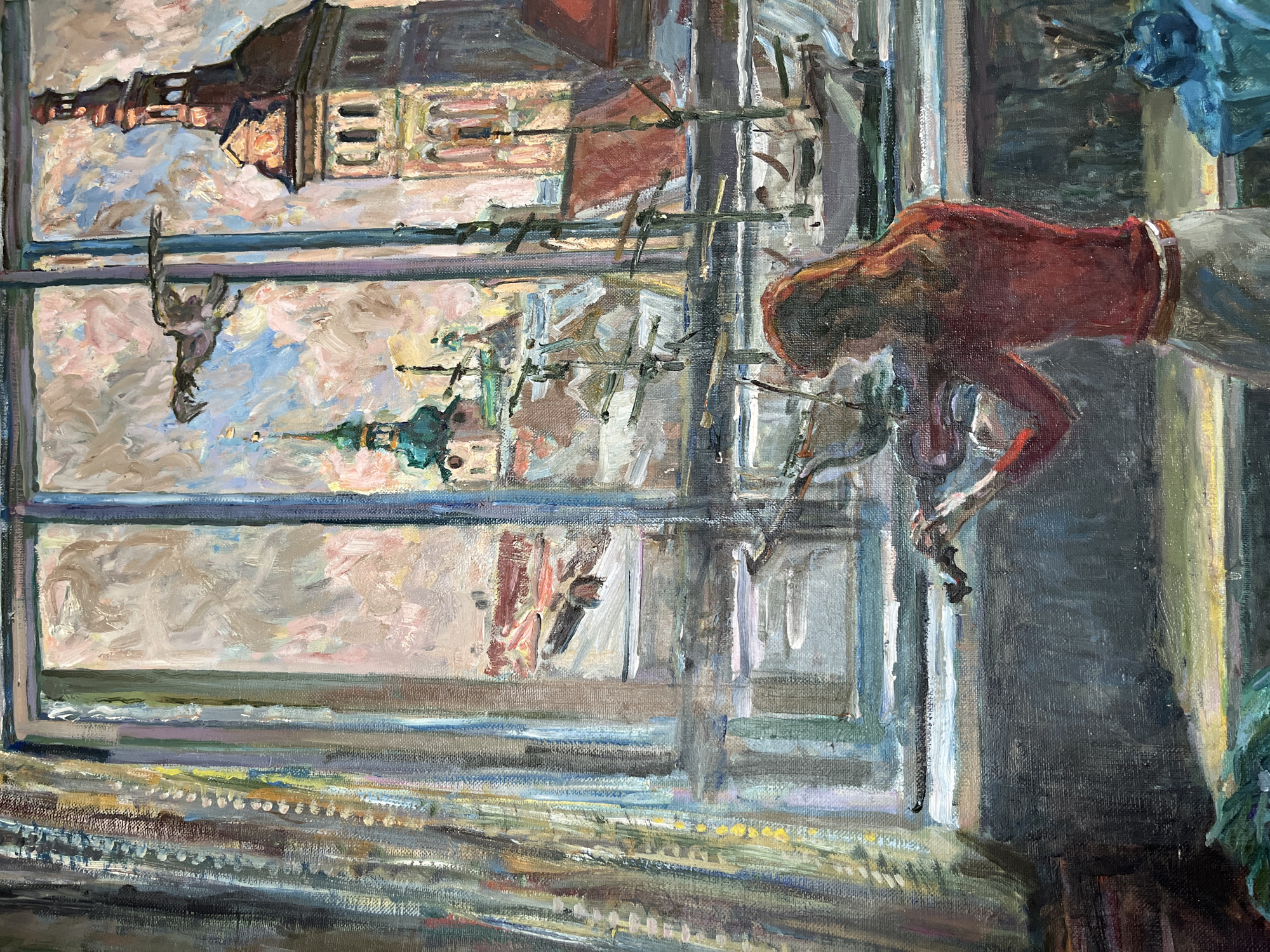 This is an oil painting depicting an interior scene looking out a window onto a cityscape. In the foreground, a woman with long, auburn hair is seen from the back, playing the violin. She is wearing a red long-sleeved shirt and a light-colored skirt. To the left of the woman, a curtain with vertical stripes of varying colors hangs. The window frames a view of a harbor with several sailboats. Beyond the harbor, there are buildings with distinctive architecture, including spires and towers, characteristic of European cities. One prominent building has a tall, square tower with arched windows. The sky outside is painted with impressionistic brushstrokes, suggesting clouds and soft light. The overall style of the painting is painterly, with visible brushstrokes and a rich texture. The scene does not depict any specific landmarks or characteristics of Kohtla-Järve linn, Estonia, and therefore cannot be specifically located there.