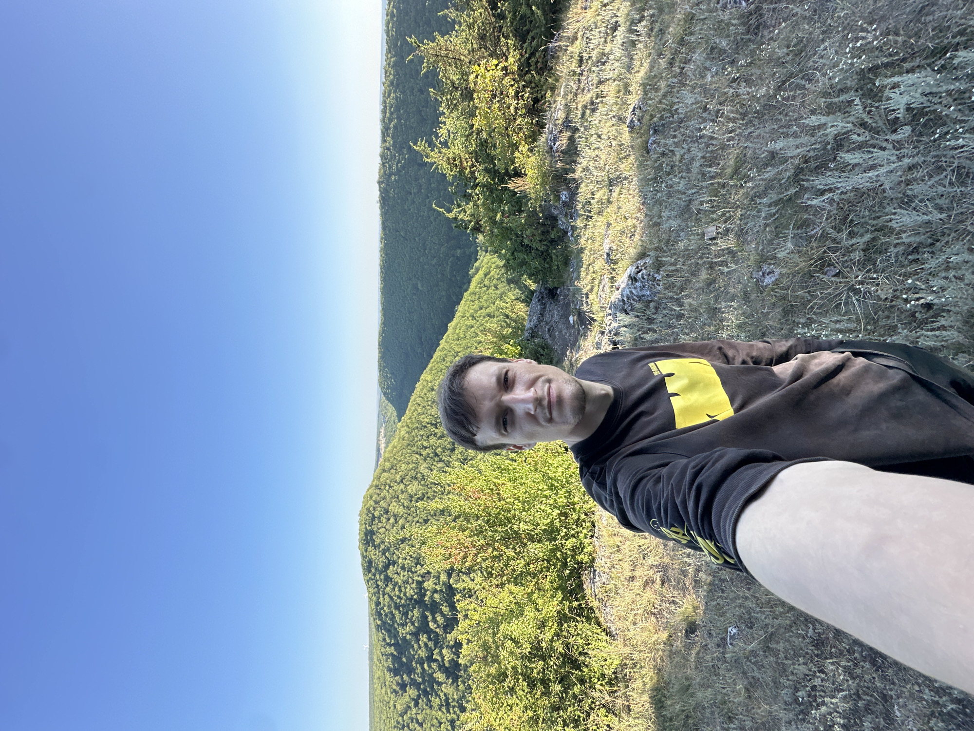 A man in a black sweatshirt with a yellow logo takes a selfie on a rocky, grassy hilltop. The man is facing the camera, and a dense green forest stretches out behind him, leading to a distant, hazy horizon. The sky is clear and blue, indicating it is daytime. The man's expression is neutral. The landscape suggests a natural, undeveloped area, possibly a park or hiking trail. The yellow logo on the sweatshirt appears to be a simple graphic, perhaps a stylized smiley face. The weather seems to be sunny and warm, conducive to outdoor activities. The scene depicts a person enjoying a scenic view from an elevated vantage point.