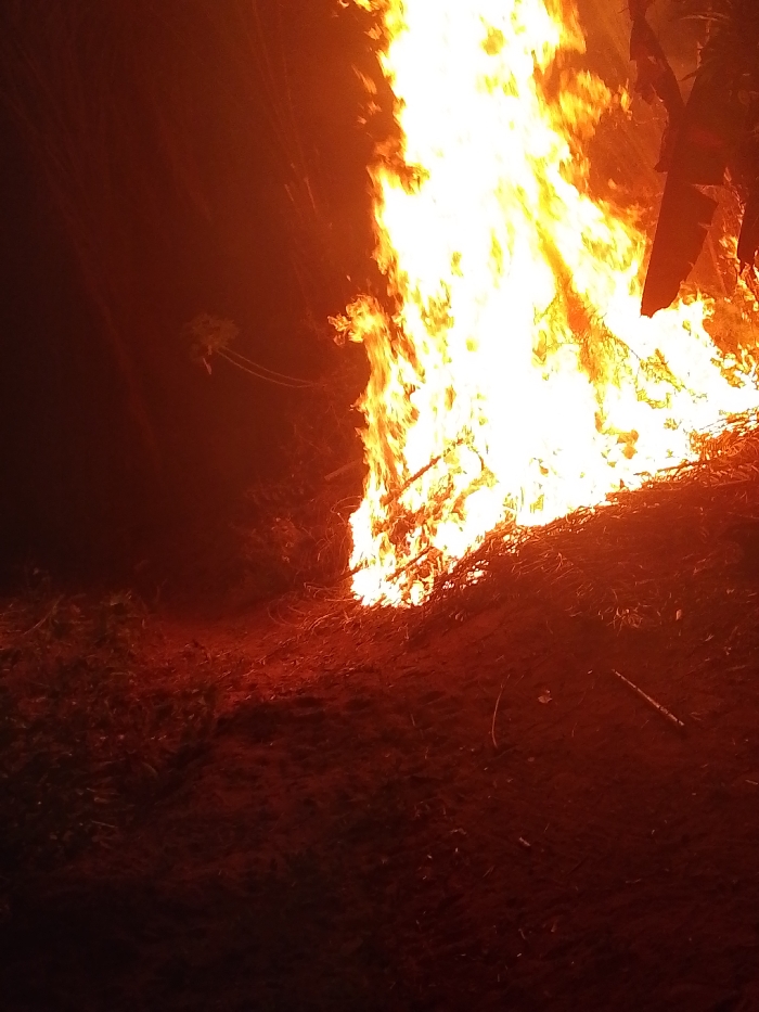 The image depicts a large bonfire in a dark setting. The flames are bright yellow and orange, illuminating the surrounding area. The ground appears to be covered in dirt and vegetation. The location is possibly in a rural or undeveloped area within or near Ihiala, Nigeria, as indicated in the prompt. There are trees on the left side of the frame.