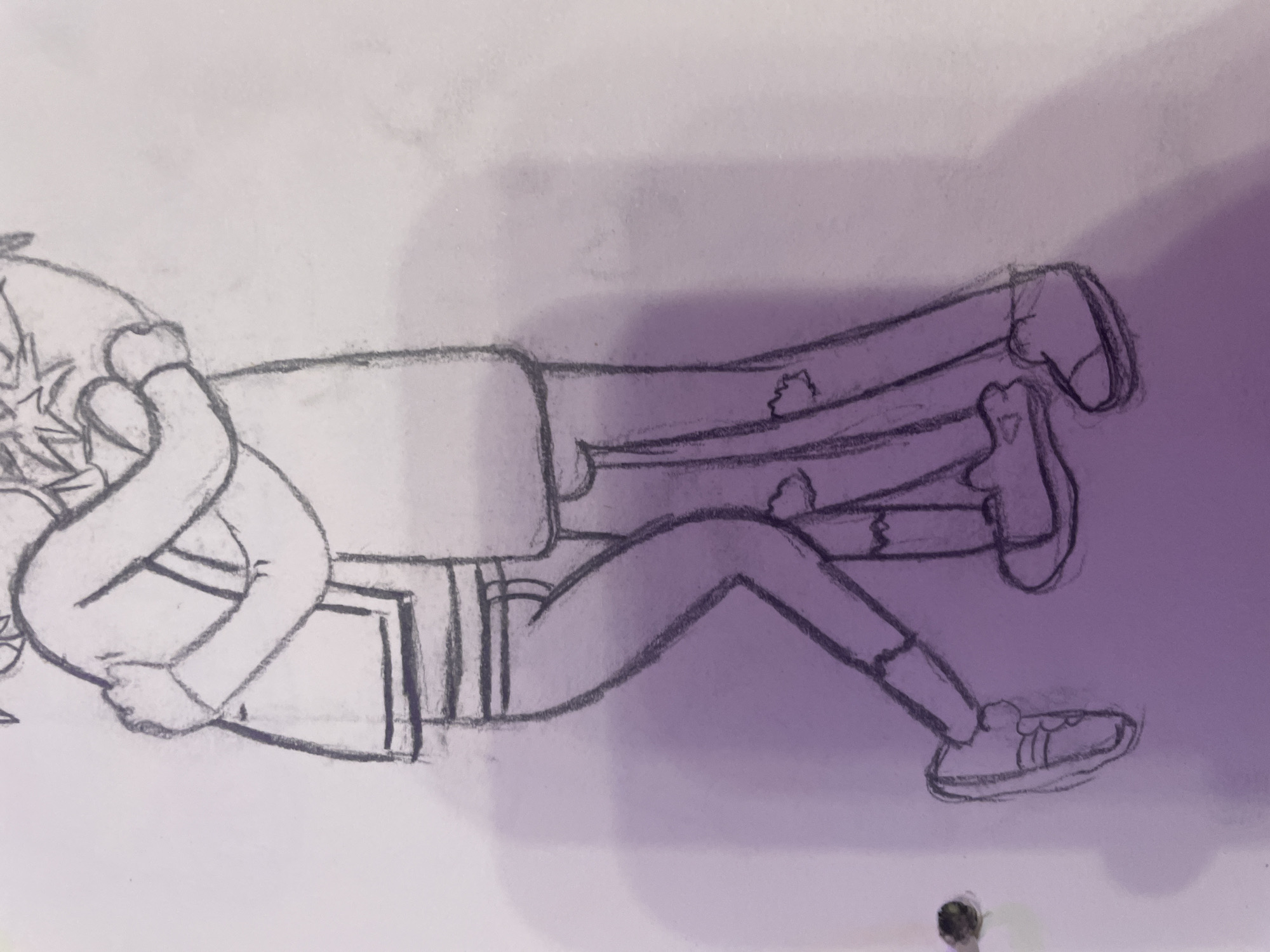 This is a pencil sketch of two figures embracing. The figures are drawn in a cartoonish style, with simple outlines and minimal detail. The figure on the left is wearing a jacket with horizontal stripes on the sleeves and collar, and pants. The figure on the right is wearing a lighter colored top and pants. Both figures are wearing sneakers. The sketch is on a white piece of paper, with a purple shadow cast on the left side of the image. There is no indication of a specific location in Saint Petersburg, Russia.
