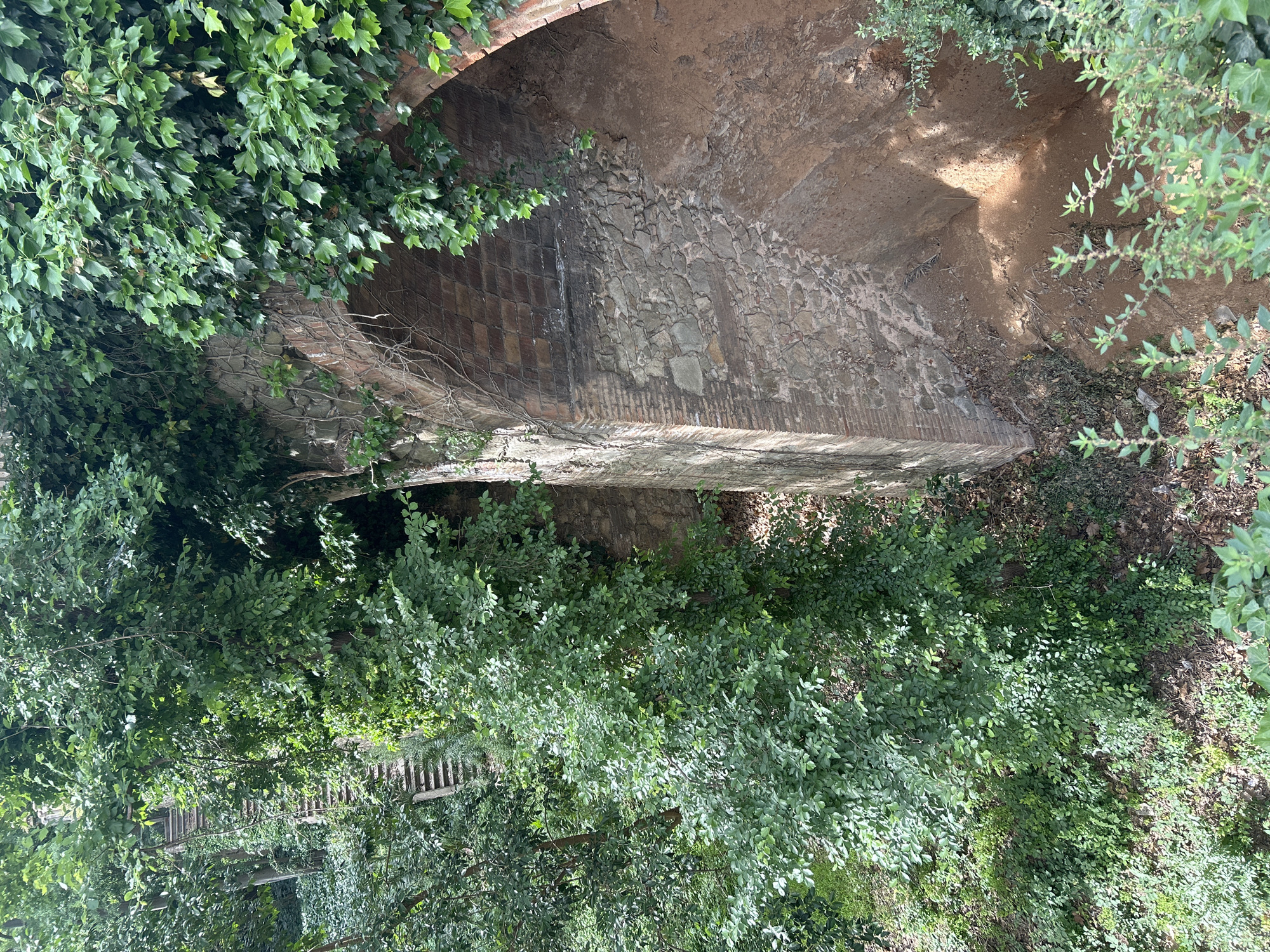 A stone and brick bridge spans a space filled with dirt and foliage. The bridge is composed of brick on the left side and stone in the middle. The inside of the bridge is dirt. The bridge is surrounded by green foliage and plant life. Barcelona, Spain.