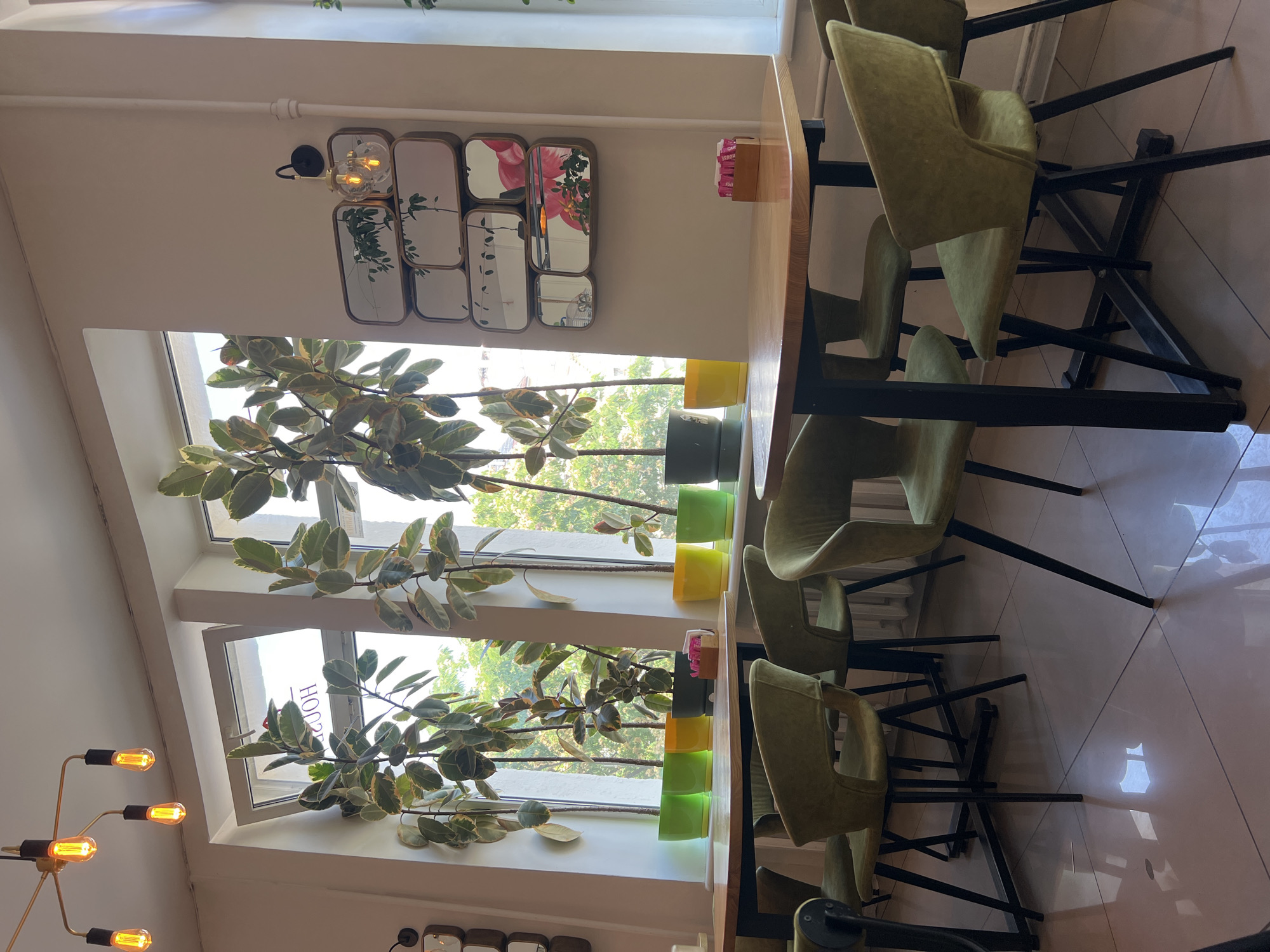 This image depicts the interior of a cafe, likely in Odesa, Ukraine, characterized by its contemporary decor and natural elements. The scene is dominated by large windows that allow ample natural light to flood the space, illuminating the various plants placed on the windowsill and surrounding the dining area.
Several tables with light-colored wooden tops and black metal frames are arranged within the cafe. Each table is accompanied by multiple chairs upholstered in a textured green fabric, featuring modern, curved designs and slender black legs. The chairs are arranged around the tables, suggesting seating for patrons.
The walls are painted a neutral, light color, providing a clean backdrop for the decor. A notable feature on the wall is a cluster of rectangular mirrors with rounded corners, arranged in a grid-like pattern. Above the mirrors, a black wall-mounted light fixture with exposed Edison bulbs adds a touch of industrial charm. A similar multi-arm chandelier with Edison bulbs hangs from the ceiling, casting a warm glow.
A variety of potted plants, most notably ficus trees with variegated leaves, are prominently displayed in colorful pots (lime green, yellow, and dark green) along the windowsill. These plants bring a sense of nature and freshness into the indoor environment.
On one of the tables, a small wooden dispenser holds packets of sugar or sweetener, indicating the cafe's service to its customers. The floor is tiled with large, pale square tiles that reflect the light from the windows and fixtures, creating a slightly glossy appearance. The overall ambiance is one of modern comfort, with a focus on natural light and greenery.