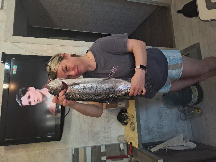 An adult female subject is depicted standing indoors, holding a large, silver-scaled fish vertically. The fish, identified as a possible trout or salmon, is held by its open mouth and gills with the subject's left hand, while her right hand supports its body. The subject has blonde hair, pushed-up eyeglasses, a dark grey t-shirt, light blue and white striped shorts, and a pink-banded smartwatch on her left wrist. She is looking towards the viewer with a slight smile.
Behind the subject, a flat-screen television is mounted on a light-colored, textured wall, displaying a woman with dark hair. A "THT" logo is visible in the upper right corner of the television screen.
To the subject's left, a kitchen or utility area is visible. A light-colored countertop features a yellow textured mat, two clear drinking glasses, a dark appliance, and a light-colored bottle. A sink basin and dark cabinets with a hanging white towel are partially visible below the counter. The wall beneath the counter has patterned wallpaper depicting an urban scene.
The floor is a light-colored wood or laminate. A large, clear plastic water dispenser bottle and two smaller glass jars are on the floor to the left of the subject's legs. To the subject's right, a partially open doorway or passageway leads to a darker interior space. A dark, indistinct shape, possibly a small animal or shadow, is visible on the floor at the far right.
The image portrays a residential interior, but contains no visual information to confirm the specific location within Minino, Russia.