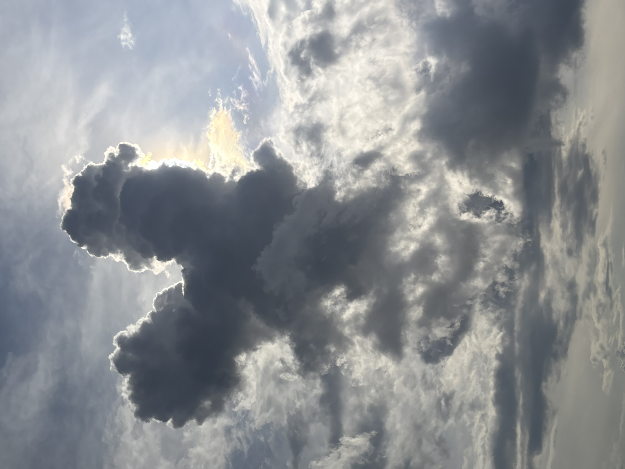 The image shows a dramatic sky filled with dark, brooding clouds and rays of sunlight breaking through. The clouds are thick and textured, with some appearing dense and heavy, while others are wispy and ethereal. The sunlight creates a halo effect around the edges of some clouds, casting a golden glow on the scene. The overall impression is one of a powerful and dynamic sky, possibly indicating an approaching storm or the aftermath of one. The photo was taken in the vicinity of Сеніцкі сельскі Савет, Belarus, a rural area, which contributes to the natural and untamed feel of the sky. There are no people, animals, or man-made objects visible in the image, allowing the viewer to focus entirely on the majestic spectacle of the clouds.