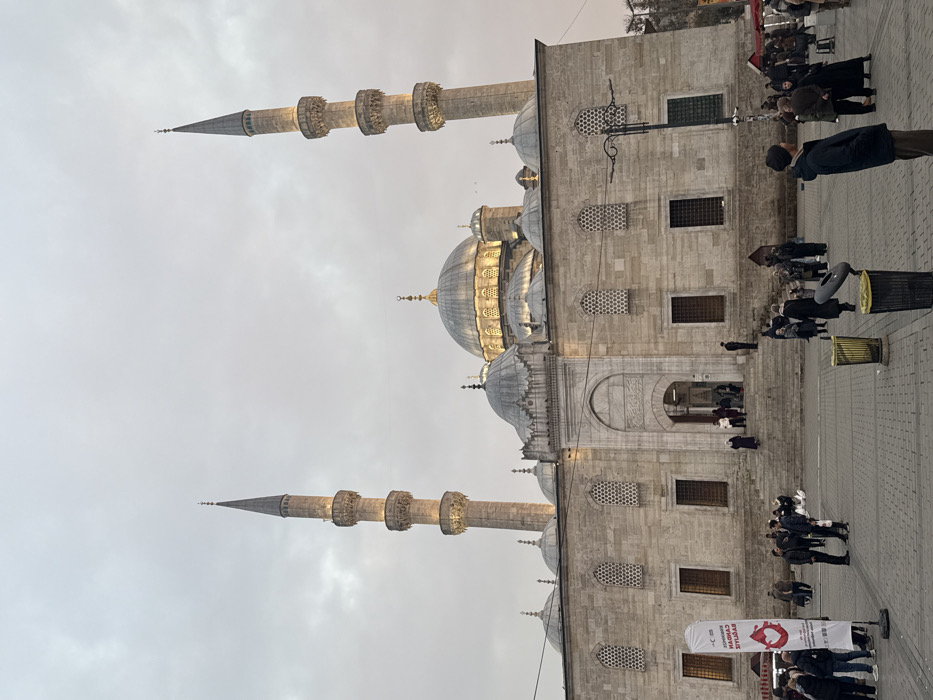 The image displays the Yeni Cami (New Mosque) situated in the Eminönü quarter of the Fatih district, Istanbul, Turkey. The mosque, constructed from light-colored stone, features a large central dome, multiple smaller domes, and two tall, slender minarets with illuminated balconies and conical spires, all visible against an overcast, pale gray sky, suggesting dusk or twilight.
The main entrance to the mosque is a prominent arched portal with carved details, accessed by a wide set of stone steps. Numerous individuals are present on these steps, entering or exiting the structure. In the foreground, a paved public square is occupied by multiple pedestrians dressed in casual, cool-weather attire; they are observed walking, standing in small groups, and congregating.
To the left of the foreground, a white vertical banner with a red heart logo and Turkish text promoting blood donation ("KAN VER HAYAT KURTAR" - Give Blood Save a Life; KIZILAY) is partially visible. In the mid-ground, two black public waste bins are present: one with a yellow interior liner and the other with a black liner, topped by a dark, circular object. A black metal lamppost with multiple light fixtures stands on the right side of the square. The scene depicts a bustling urban environment surrounding the historic mosque.
