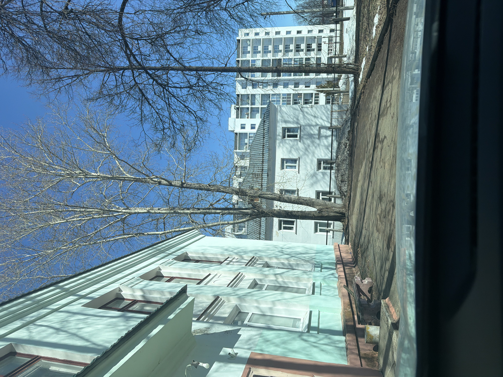 The image captures an urban scene in Chaikovsky, Russia, viewed from an interior perspective, possibly through a window. Dominating the view are several buildings of varying architectural styles, ranging from low-rise structures to a taller, multi-story building in the background. The buildings are primarily light-colored, with contrasting window frames. Bare tree branches are visible against a bright blue sky, suggesting it is either late autumn or early spring. A paved area runs alongside the buildings, likely a sidewalk or a road. The overall impression is of a clear, sunny day in a moderately sized Russian city.