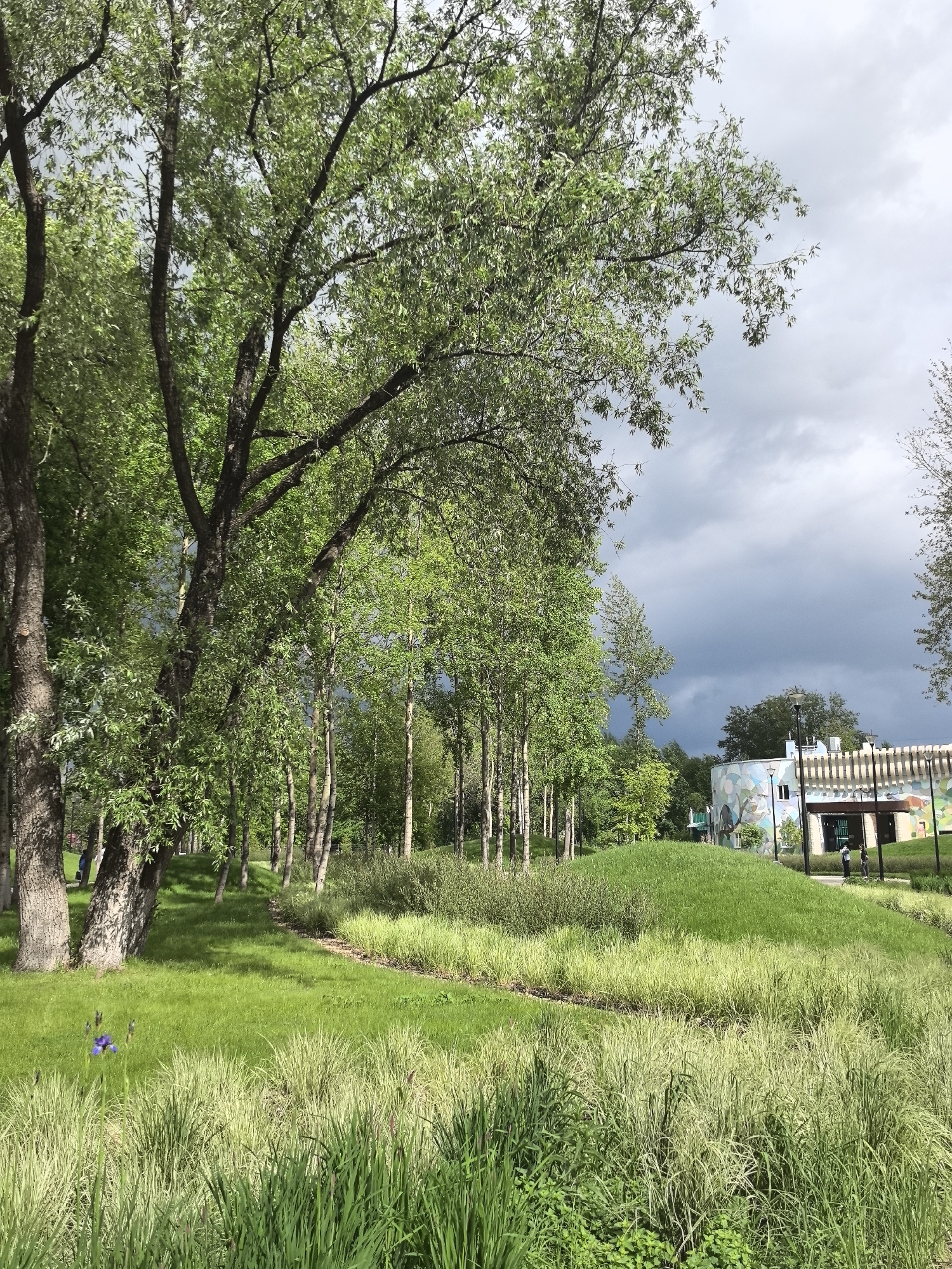 A ground-level shot reveals a park-like area in Perm, Russia. Predominantly green, the scene features lush grass, tall trees, and diverse vegetation in the foreground. In the background, a building with a mural is visible. Two people are near the building, while another is further in the background. The sky is overcast with dark clouds, giving a sense of impending rain.
