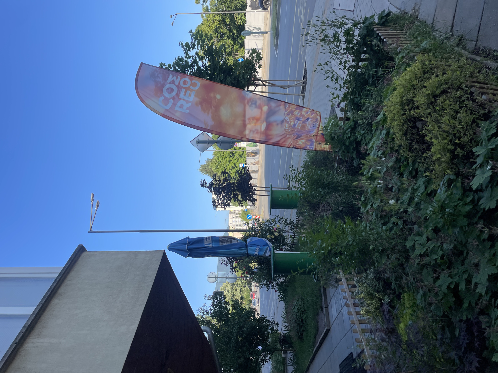 The image captures an outdoor urban or suburban street scene on a bright, clear day, with strong sunlight casting shadows. In the midground, a prominent orange, red, and yellow feather flag banner displays the text "CREO COM" (or "COM CREO" depending on orientation), with abstract, colorful graphics.
To the left, a section of a greyish-brown building is visible, with a closed blue outdoor umbrella and two green planters suggesting an area for public seating or a commercial establishment. The foreground and right side are dominated by dense green foliage, bushes, and some small white flowers, with a wooden fence-like structure partially visible within the greenery.
In the background, a paved street with a white median line stretches into the distance, flanked by trees and other buildings. Several streetlights are seen along the roadside, and a faint glimpse of a car is visible on the street. The sky above is a vivid, clear blue. No specific human activity is depicted. The scene conveys a calm, sunny daytime atmosphere.