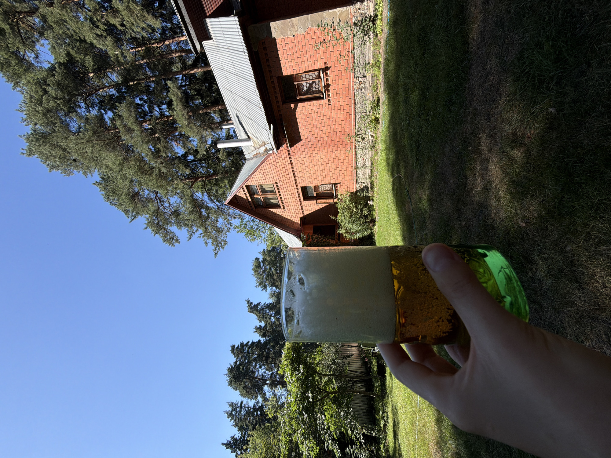 A hand holds a glass of beer in the foreground, with a brick house and trees in the background under a clear blue sky. The glass is filled with a golden-colored beverage topped with a thick white foam. The house is made of red brick with a corrugated metal roof and several windows. Tall pine trees surround the property, and a green lawn is visible in front of the house. The image appears to be taken on a sunny day. The specific location in Udelnaya, Russia, is not identifiable from the visual information provided in the image alone.