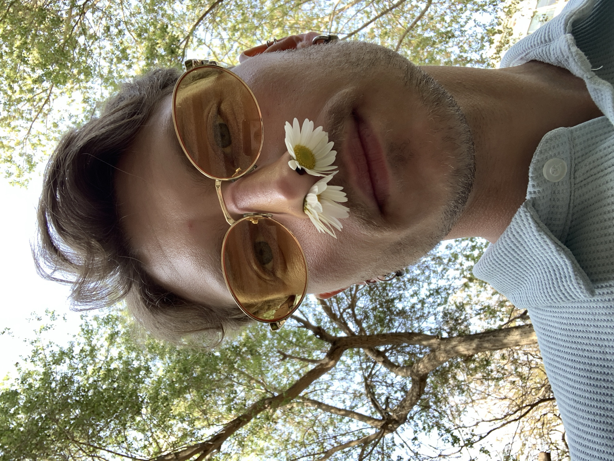 A low-angle close-up shot shows a person with light skin, wearing gold-rimmed sunglasses with flowers placed on their nose. The person's hair is short and light brown. They are wearing a light blue shirt with visible buttons. The reflection in the sunglasses appears to show an eye. The background shows trees with green leaves against a bright sky. The location is likely a park or garden in Tel-Aviv, Israel.