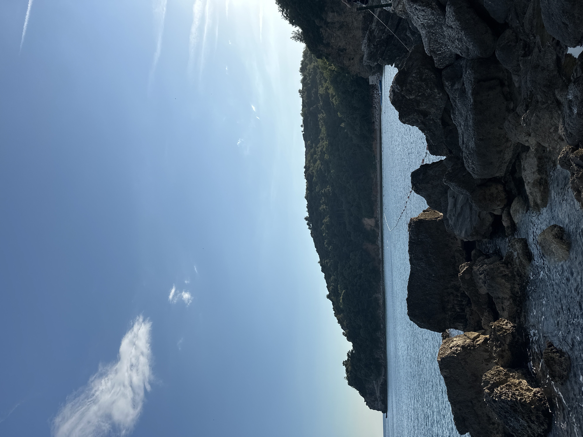 The image depicts a view of the Adriatic Sea from a rocky shoreline in or near Budva, Montenegro. The sky is clear with a few wispy clouds. A heavily forested landmass extends into the sea, and a line of buoys is visible in the water. Large, dark-colored rocks dominate the foreground, with seawater lapping at their base. There are no people visible.