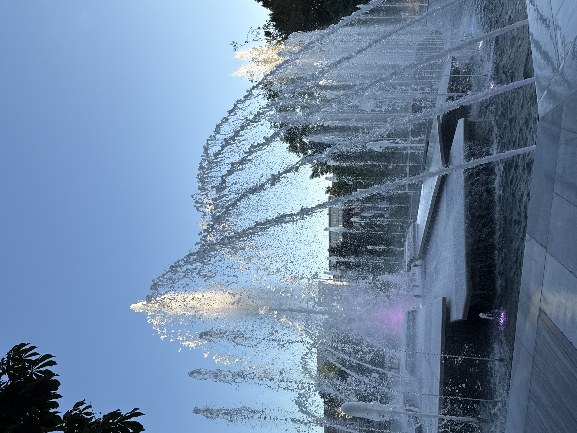 The image depicts a modern water fountain located in the city of Pleven, Bulgaria, likely in a public square or park. The fountain features multiple streams of water arching and cascading, catching the light against a clear blue sky. The water jets vary in height and thickness, creating a dynamic display. Some of the water streams appear illuminated with a soft purple light, suggesting underwater or integrated lighting. The fountain is built on a multi-tiered structure with smooth, light-colored surfaces, some of which are wet and reflective. The water collects in a basin below, creating a rippling effect. In the background, trees and buildings are visible, indicating an urban setting. A leafy tree branch is visible in the upper left corner. There are no people visible in the image. The overall impression is one of a serene and visually appealing public space.