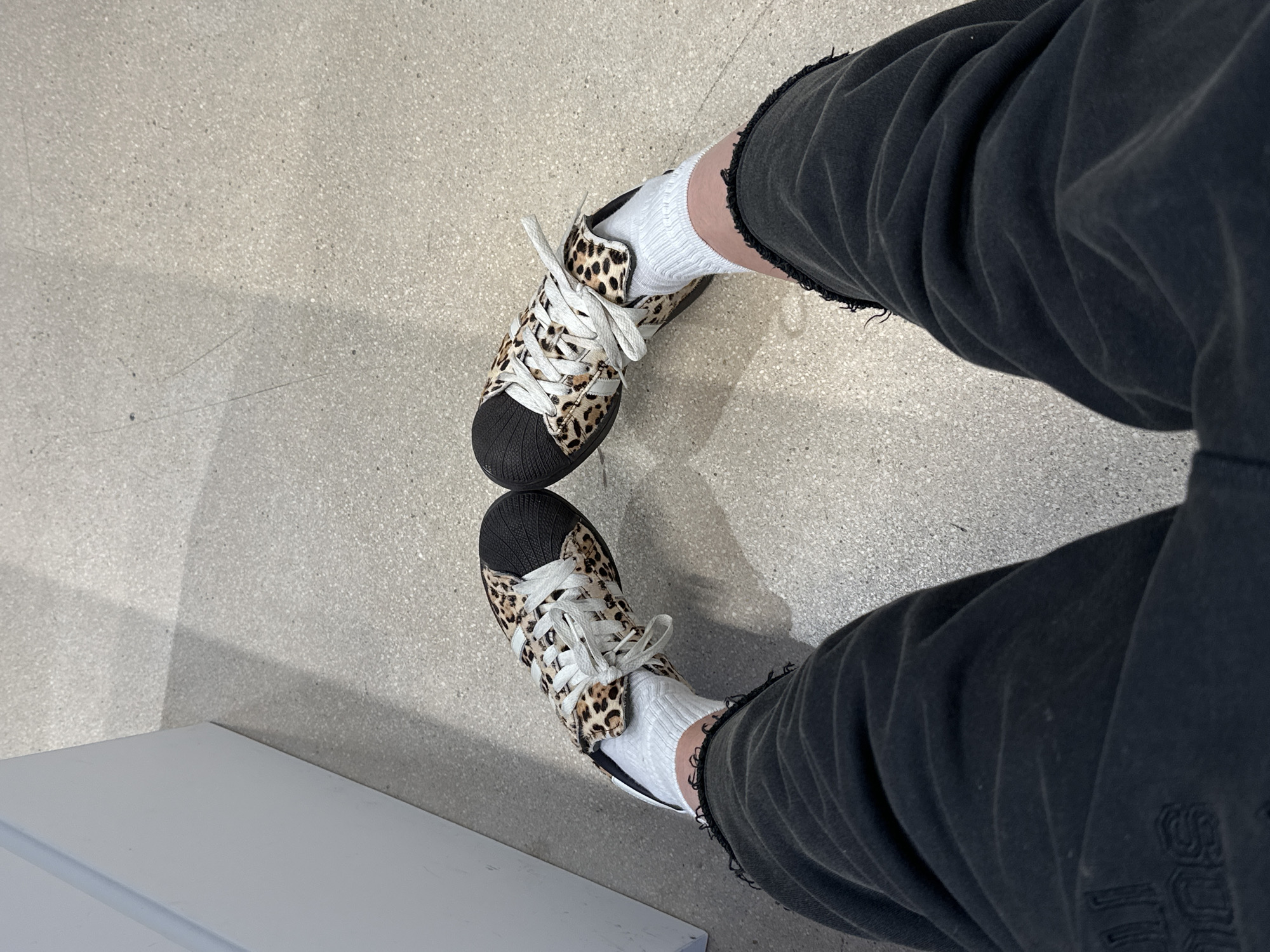 The image shows a first-person perspective of someone standing on a gray tiled floor, likely indoors. The person is wearing dark gray sweatpants with distressed edges and white socks. Their footwear consists of Adidas Superstar sneakers with a leopard print pattern and white laces. Part of a white, possibly rectangular object is visible in the lower left corner of the frame. The scene is not explicitly identifiable as being in Paris, France, but the location is stated as such.