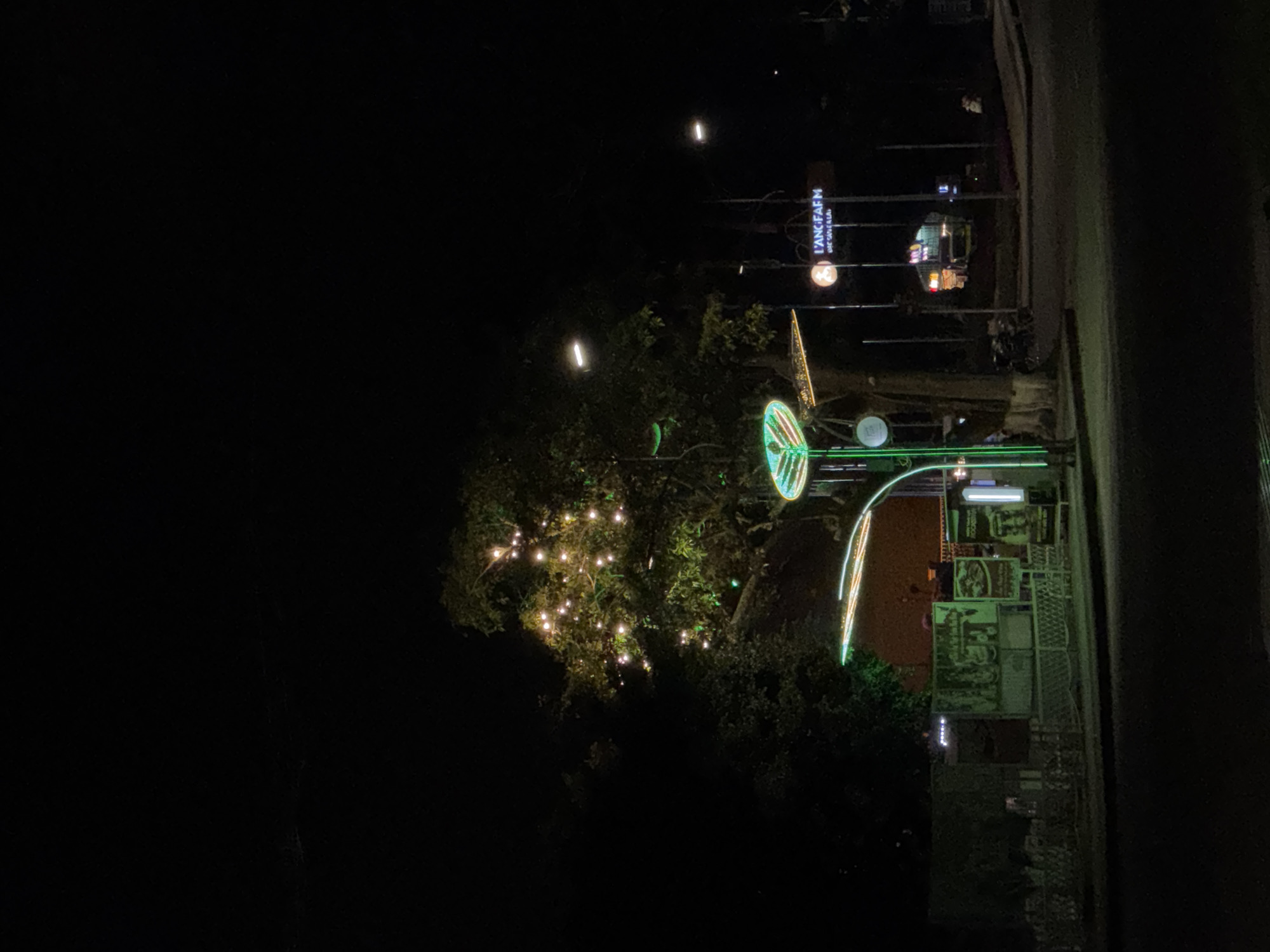 At nighttime on a street in Phường Xuân Hương - Đà Lạt, Vietnam, a large tree is decorated with numerous small, warm-toned string lights, casting a soft glow. In front of the tree, a contemporary light fixture with green and orange neon accents stands prominently. To the right of the tree, a sign with illuminated white text reads "L'ANC-FARM." Further to the right, a building with illuminated signage is visible. In the foreground, a dark asphalt road stretches across the bottom of the frame, with the edges of a sidewalk and a low fence along the left side. The overall scene suggests a commercial or entertainment area in the city.