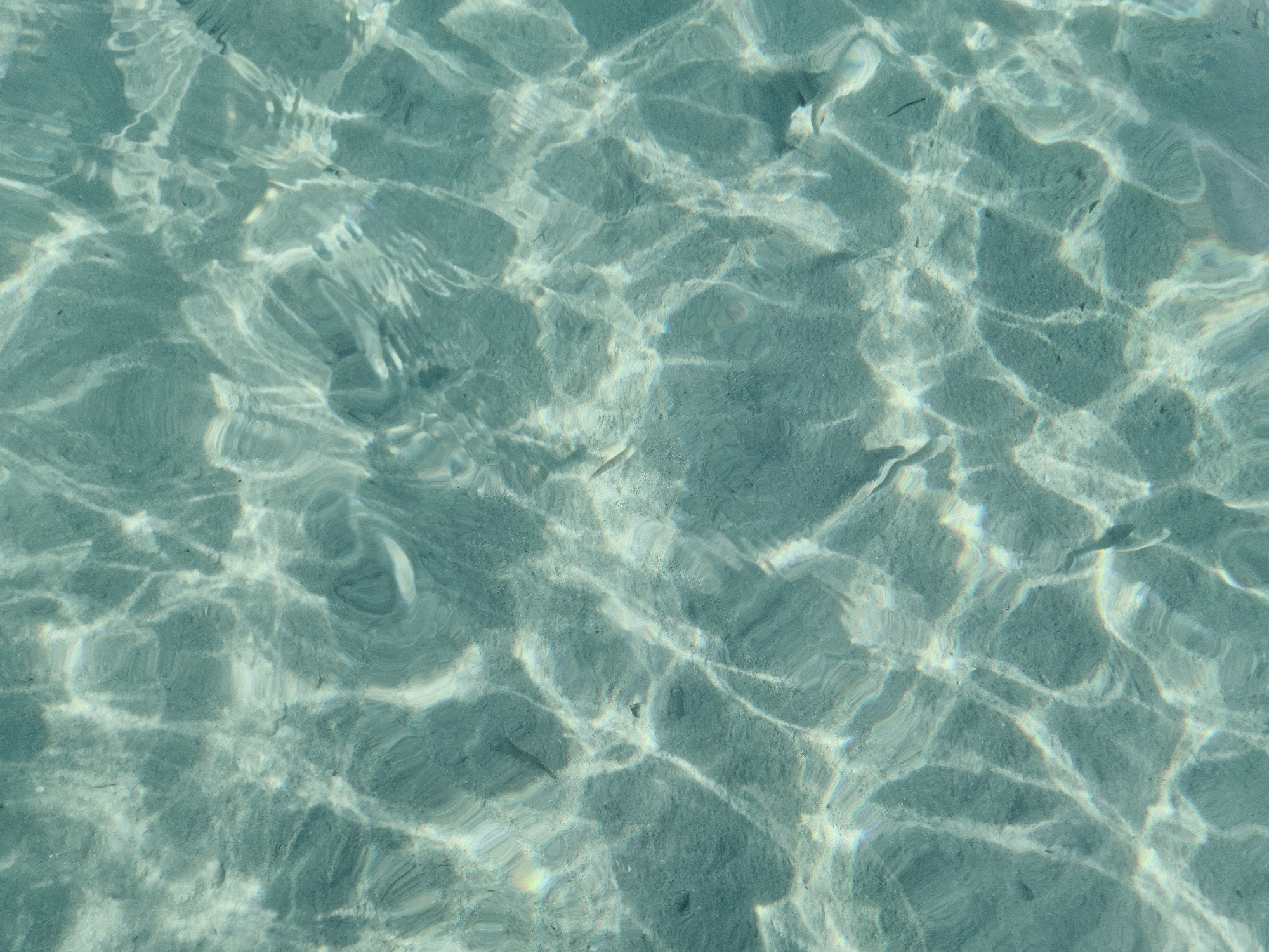 The image shows the sandy bottom of shallow, clear turquoise water, illuminated by sunlight that creates intricate, shifting patterns of light and shadow on the seabed. The sand appears fine-grained and a light beige color, interspersed with darker patches that may be small stones or algae. The water surface is rippled, causing the distortions in the light patterns. There are no people or man-made objects visible. This scene is consistent with the shallow waters found in coastal areas of Taranto, Italy, particularly along its sandy beaches and in the Mar Piccolo and Mar Grande bays, where the water is known for its clarity and sandy bottom.
