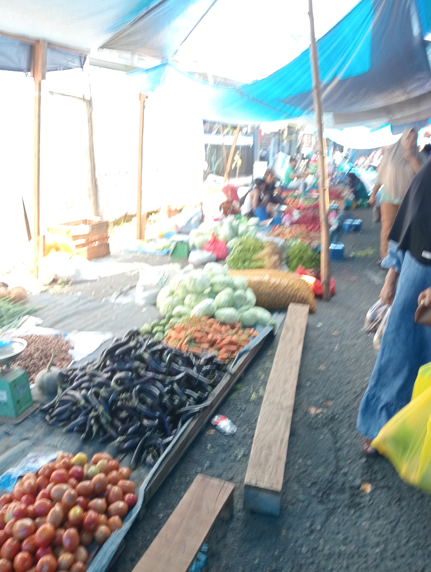 This is a medium-angle, eye-level, slightly blurry photograph of a street market in Pariaman, Indonesia. The market appears to be outdoors, with a blue and white tarp overhead supported by wooden poles. Various vegetables are displayed for sale on tables and on the ground. In the foreground, a pile of red tomatoes is visible. To the left and behind the tomatoes, a green weighing scale is partially obscured by a pile of brown nuts or seeds. Behind the tomatoes and nuts, a large quantity of dark purple eggplants is neatly arranged on a raised surface. Further back, there are piles of light green vegetables, possibly cabbage or lettuce, and an assortment of orange root vegetables, likely carrots. Several people are visible in the background, some interacting with vendors and others shopping. One person in the foreground on the right is wearing a blue dress and holding a yellow plastic bag. The ground surface is paved with gravel. The overall impression is a bustling, local market scene.