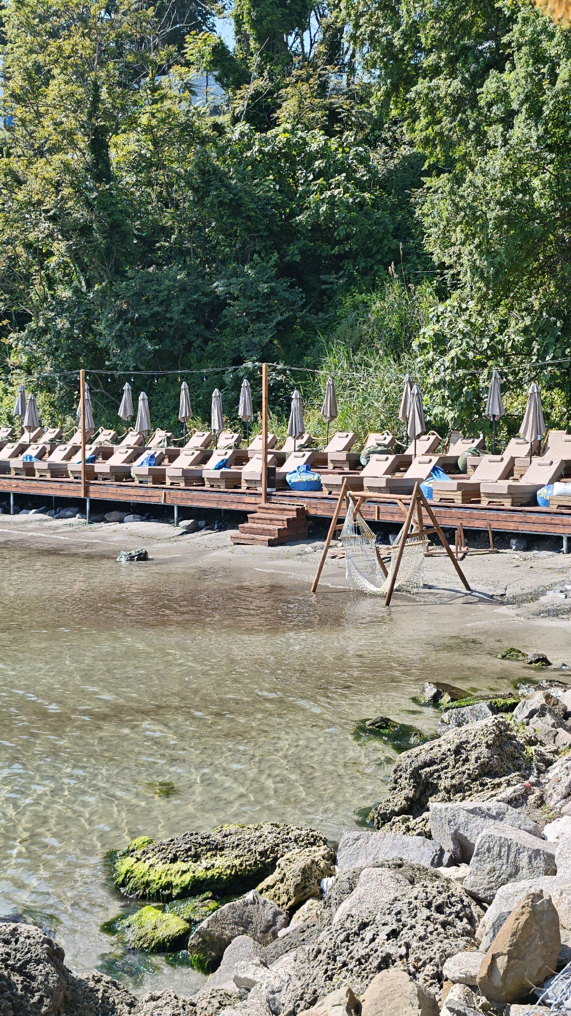 The image presents a serene coastal scene in Sozopol, Bulgaria, illuminated by bright daylight under a clear sky. The foreground features shallow, clear water revealing a sandy bottom, with several large, moss-covered rocks partially submerged and along the immediate shoreline.
In the midground, a long wooden deck is built over the sand, extending along the water's edge. This deck is furnished with a neat row of approximately fifteen identical beach loungers, each equipped with a comfortable cushion and a neatly folded beige umbrella. Some loungers have small blue bags or cushions on them. A set of wooden steps provides access from the deck to the sandy area below. Directly in front of the deck, positioned partly in the water and on the sand, is a wooden A-frame supporting two woven hammocks, suggesting an inviting spot for relaxation. String lights are visible, strung between wooden posts above the loungers.
The background is dominated by a dense, lush green hillside covered with a variety of mature trees and thick bushes, creating a natural and verdant backdrop to the beach area. No people are visible in the scene, conveying a sense of tranquil solitude. The setting appears to be a well-maintained leisure area, possibly part of a resort, ready for guests to enjoy the peaceful environment. There is no visible text in the image.