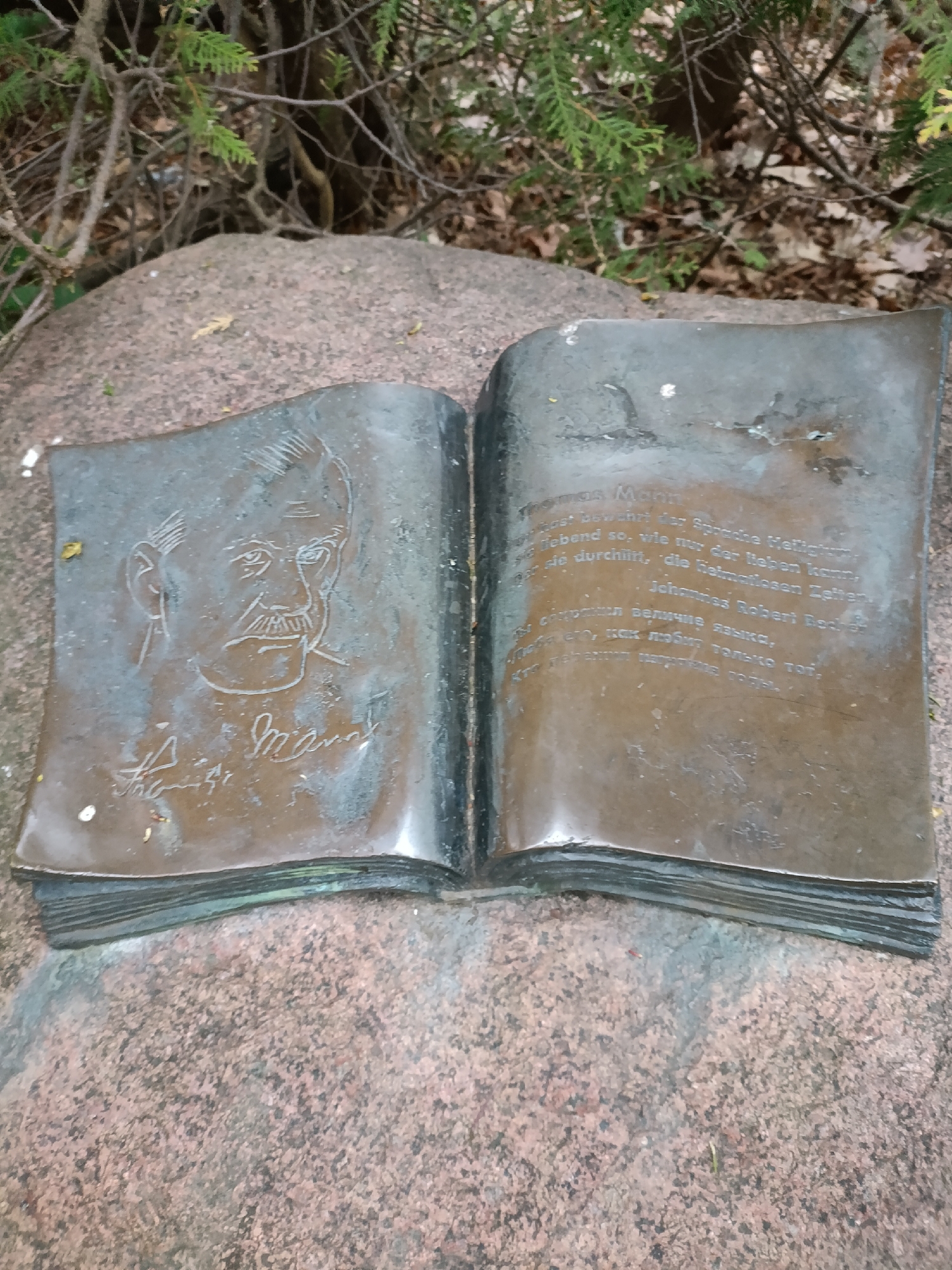 The image shows a bronze sculpture of an open book on a rock, possibly a monument. The left page features a portrait of Thomas Mann and his signature. The right page contains text in German and Russian. The sculpture is located outdoors, surrounded by trees and foliage. The monument is in Svetlogorsk, Russia.