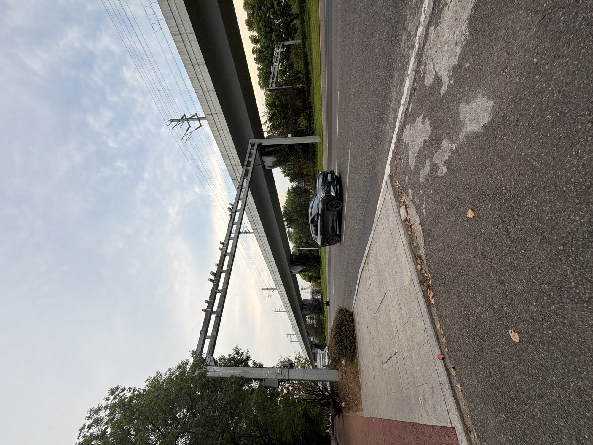 This image depicts a street scene in Jiangjin, China, characterized by an elevated railway track and a roadway. A dark-colored SUV is traveling on the asphalt road, which features white lane markings. To the left of the road is a paved sidewalk with a reddish-brown path bordering it. Overhead, a section of the elevated railway structure is visible, supported by concrete pillars and featuring electrical wires. Green trees and foliage line the sides of the road and the embankment supporting the railway. The sky above is partly cloudy, with a soft, diffused light. Scattered fallen leaves are present on the sidewalk and the road, suggesting an autumn season. A traffic light or signal pole stands on the left side of the image near the trees. In the background, more trees and vegetation are visible, with some buildings or structures obscured by the greenery.