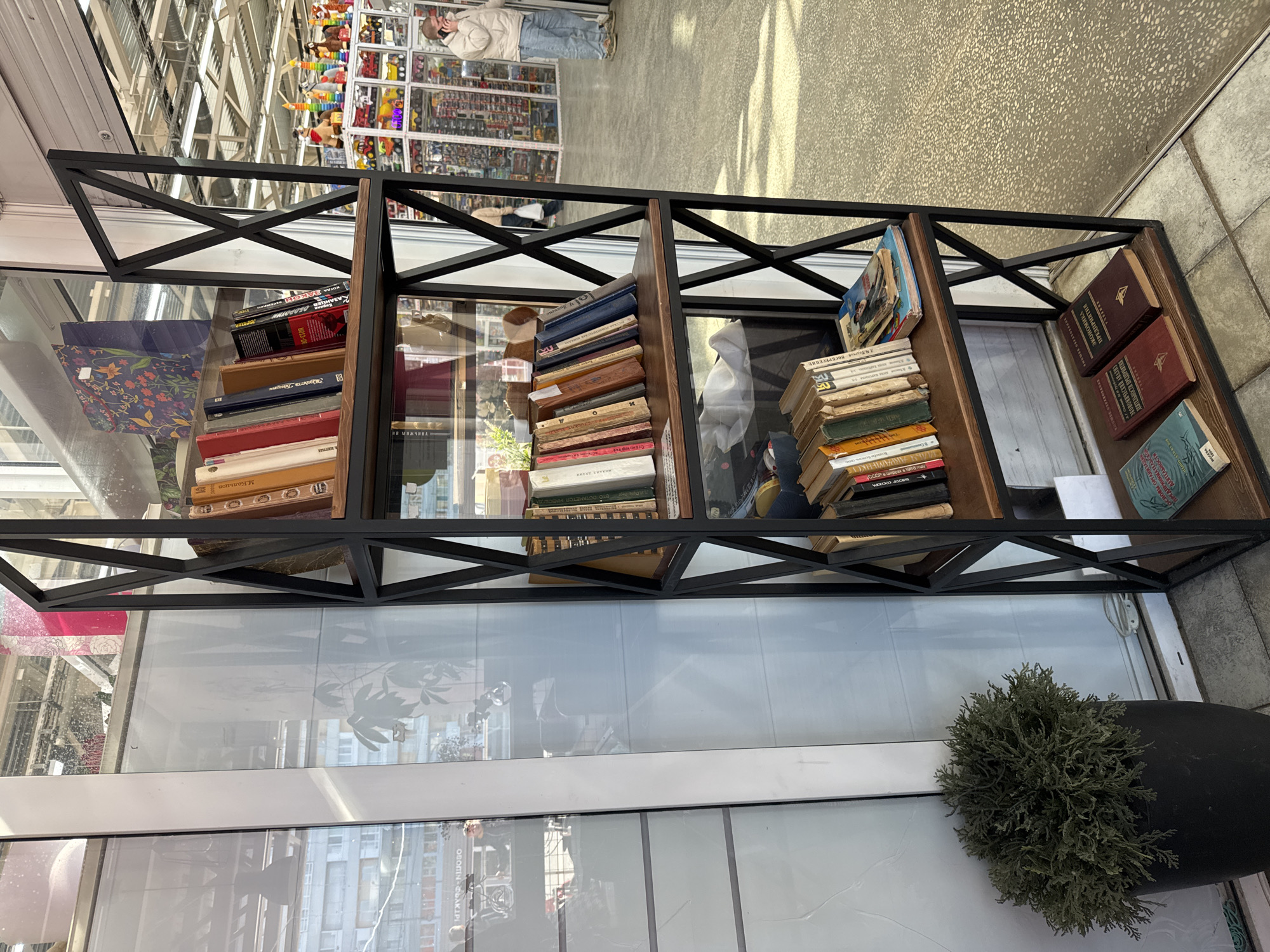 The image shows a book display stand in Usolye, Russia. The stand is made of dark metal with a geometric design and wooden shelves, each filled with used books. The books have worn covers and appear to be of varying ages and genres. The stand is located in front of a large window displaying items for sale and reflecting the street. A potted plant stands to the right of the stand. There is a person standing with their back to the camera in the background. The surroundings include tiled flooring and a bright, airy environment.