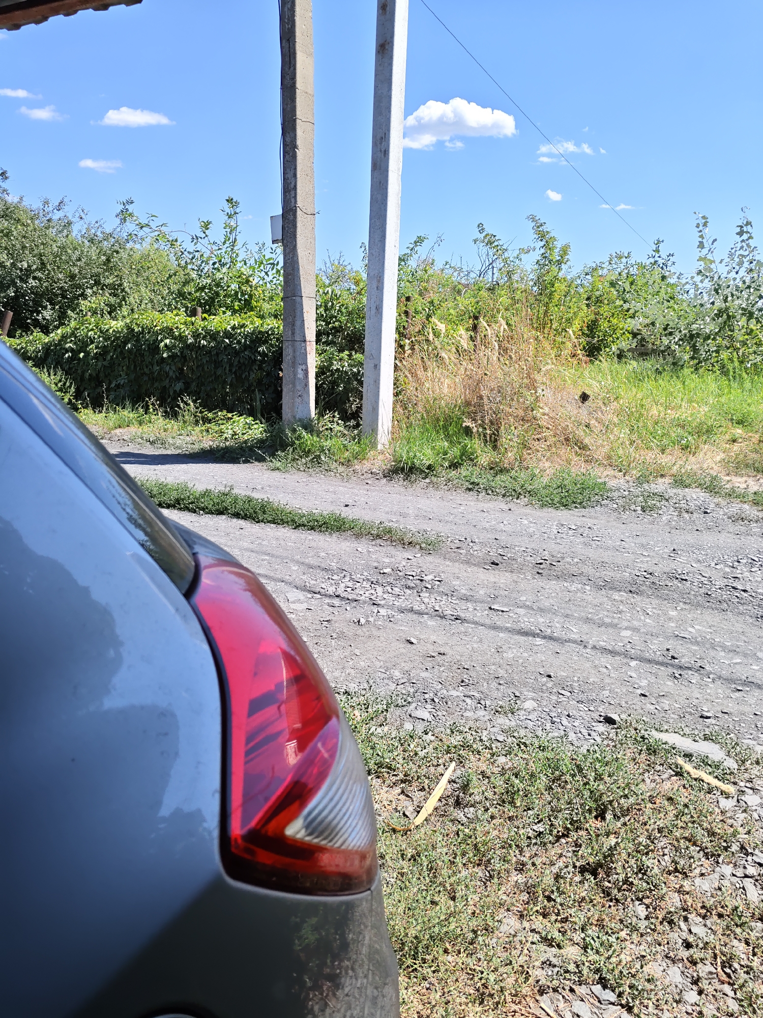 The image depicts an outdoor scene on a sunny day, with a clear blue sky dotted with white clouds. In the foreground, the rear-left quarter of a dark-colored car is visible, specifically its taillight assembly which is red and clear. The car is parked on a rough, gravelly path.
Behind the car, the environment is characterized by overgrown vegetation, including dense green bushes and taller dry grasses and reeds. Two tall, concrete utility poles stand in the middle ground, one slightly closer than the other, with a wire running between them. The overall setting suggests a rural or semi-rural area, possibly a yard or an undeveloped lot, located in Rostov-on-Don, Russia. The lighting indicates it is daytime, likely late morning or afternoon. No people or animals are visible in the frame.