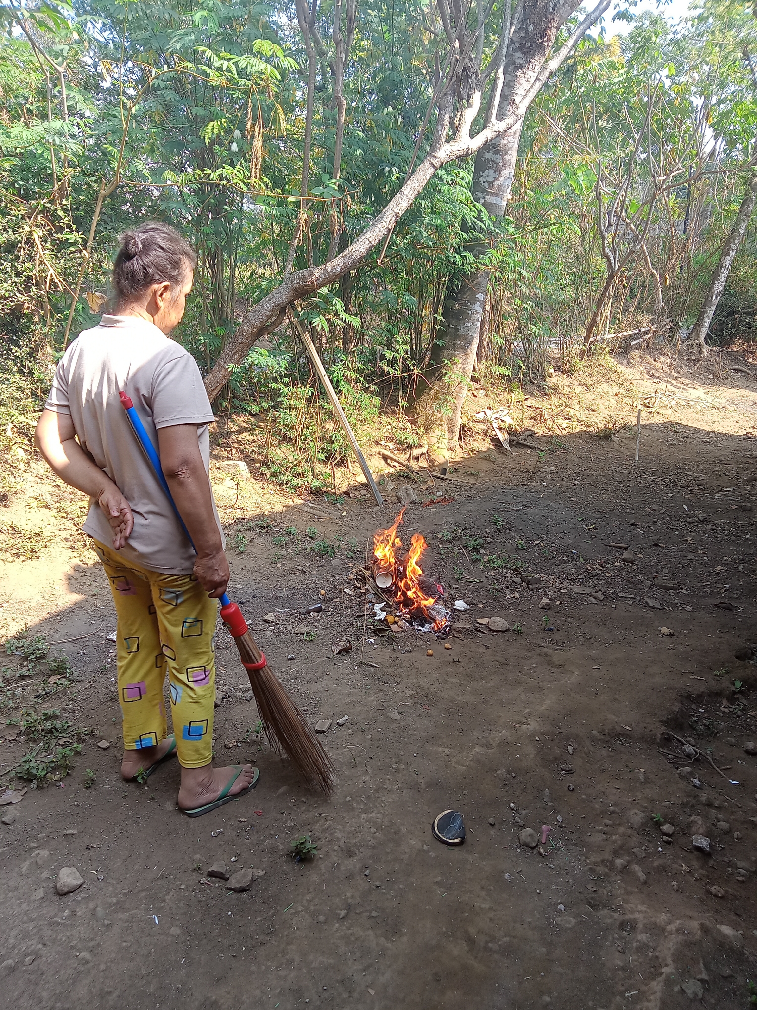 The image depicts an outdoor scene in Kaligenton, Indonesia, where a person is standing with a broom, observing a small fire on the ground. The individual, facing away from the camera, is wearing a light-colored t-shirt and yellow pants with a geometric pattern. Their left hand is clasped behind their back, while their right hand holds the broom. The broom has a blue handle and brown bristles. The fire is burning in a pile of debris on a dirt ground, with visible flames and smoke. The environment is characterized by lush green trees and foliage, suggesting a rural or semi-rural setting. The ground is composed of dry earth and scattered small stones. The overall impression is one of an everyday activity taking place in a natural, unmanicured outdoor space.