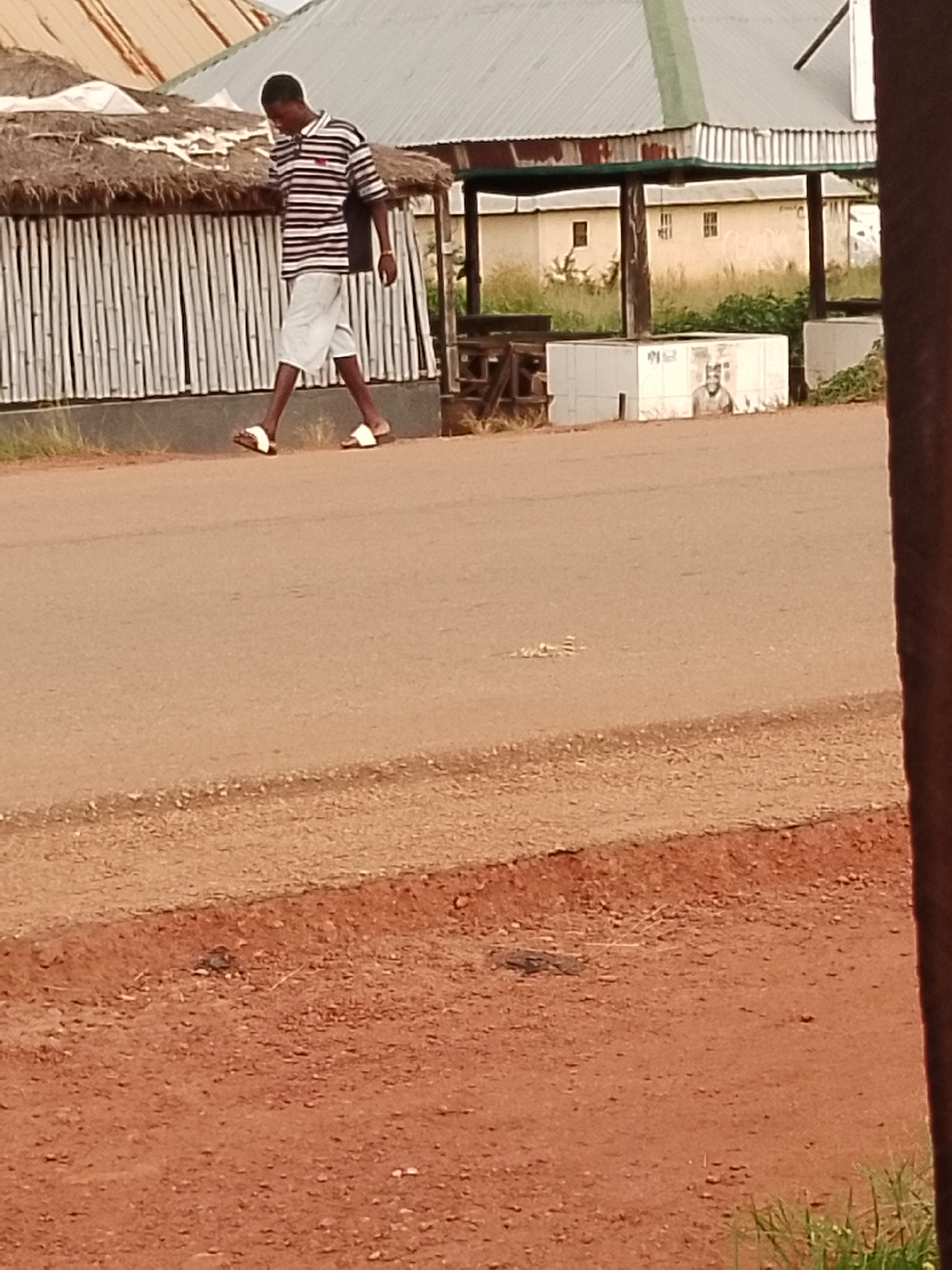 A young man walks across a paved road in Agwala, Nigeria. He is wearing a striped polo shirt and light-colored shorts, with white sandals on his feet. To his left is a thatched-roof structure with white vertical slats, and behind that, buildings with corrugated metal roofs. The man is walking from left to right in the frame, his gait suggesting he is casually strolling.
The scene appears to be outdoors during the daytime, with natural light casting shadows. The ground is a mix of asphalt and reddish-brown dirt, indicative of a rural or semi-urban Nigerian setting. In the background, behind the man, there are some more buildings, one of which has a white tiled surface with an image of a person printed on it. Some greenery is visible in the distance. The overall atmosphere is relaxed and ordinary.