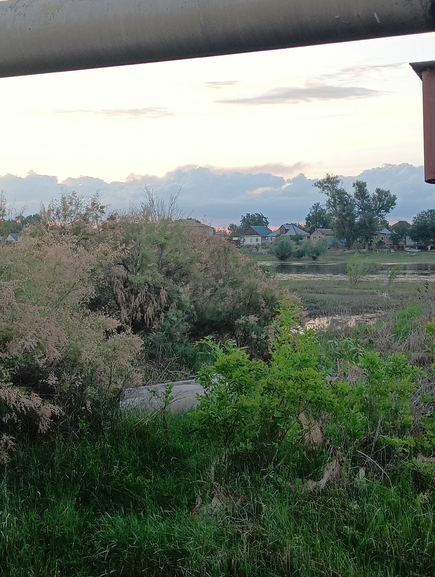 This media file depicts a serene, rural landscape at dusk. The scene is dominated by a calm body of water, likely a river or lake, reflecting the soft, muted colors of the sky. The far bank of the water features a small village with several houses, their roofs and facades visible amidst a backdrop of lush green trees and foliage. The sky above is a blend of pale blues and grays, with scattered clouds tinged by the setting sun, suggesting either late afternoon or early evening.
In the foreground, dense greenery, including tall grasses and bushes, partially obscures the view of a large, cylindrical object, possibly a concrete pipe or culvert, lying horizontally amongst the vegetation. This object suggests some form of infrastructure, contrasting with the otherwise natural setting. The overall atmosphere is peaceful and tranquil, evoking a sense of quietude characteristic of a rural evening. The lack of human figures or any discernible activity contributes to this feeling of stillness. The location is identified as Krasnyye Barrikady, Russia. The time of day is indicated by the soft lighting and the sky's coloration, while the weather appears clear and calm. No visible text is present in the image.