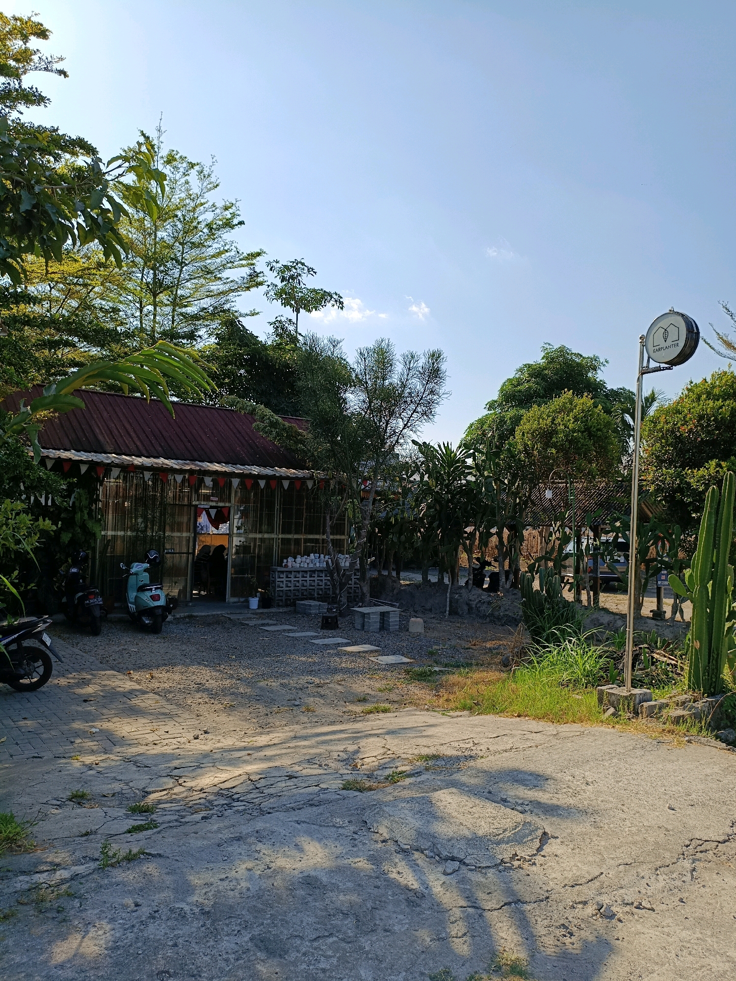 The image captures an outdoor scene in Maguwoharjo, Indonesia, likely a cafe or restaurant with a garden setting. A building with a reddish-brown corrugated metal roof and walls constructed of glass and bamboo is visible. Red and white pennant flags are strung along the front of the building. In front of the building, two motorbikes are parked, one dark-colored and the other a light blue scooter. A gravel pathway leads to the entrance of the building, with some concrete blocks and planters around.
To the right of the building, a tall, circular sign with the text "KARPLANTER" and a leaf-in-house logo is mounted on a metal pole. Beyond the building, lush green trees and vegetation dominate the landscape, with a clear blue sky overhead. Several tall, segmented cactus plants are also visible to the right of the sign. The ground in the foreground is a cracked concrete surface, with shadows cast by the surrounding trees. The overall impression is a casual, outdoor establishment in a tropical or subtropical environment.
