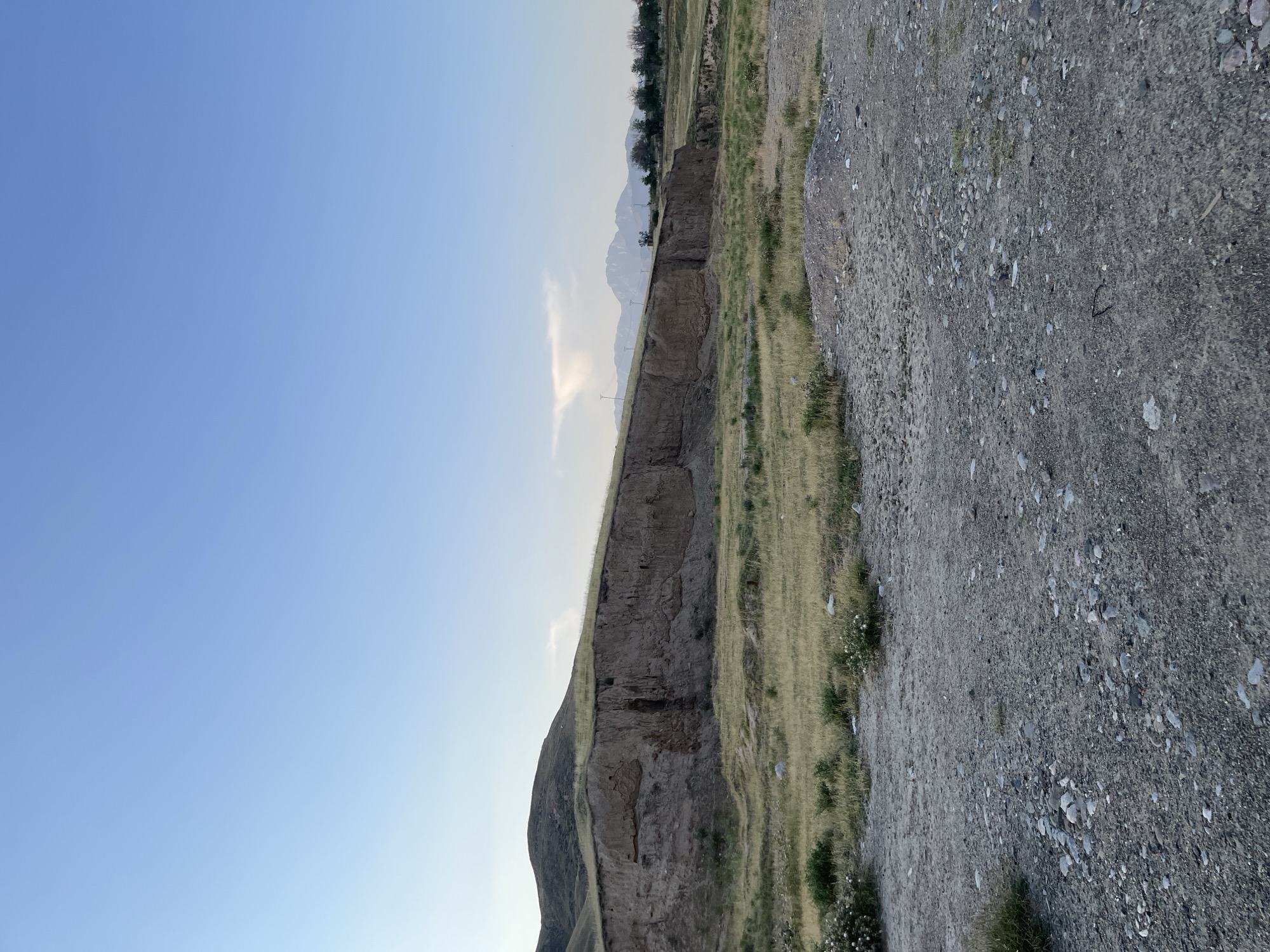 The image displays a natural landscape with a steep, eroded cliff face on the left, covered in sparse, dry grass. The cliff is composed of layered sediment, showing signs of significant weathering. Beyond the cliff, a distant mountain range is visible under a clear, pale blue sky. The foreground on the right is a rough, gravelly surface scattered with small stones and pebbles. Patches of dry grass and some small white wildflowers grow along the edge of the cliff and on the lower slopes. The scene suggests an arid or semi-arid environment. The lighting indicates it is either early morning or late afternoon, with the sun casting a soft glow. There are no people or specific objects, aside from natural elements and the rough terrain. The context of Mailuu-Suu City, Kyrgyzstan, suggests a mountainous region.