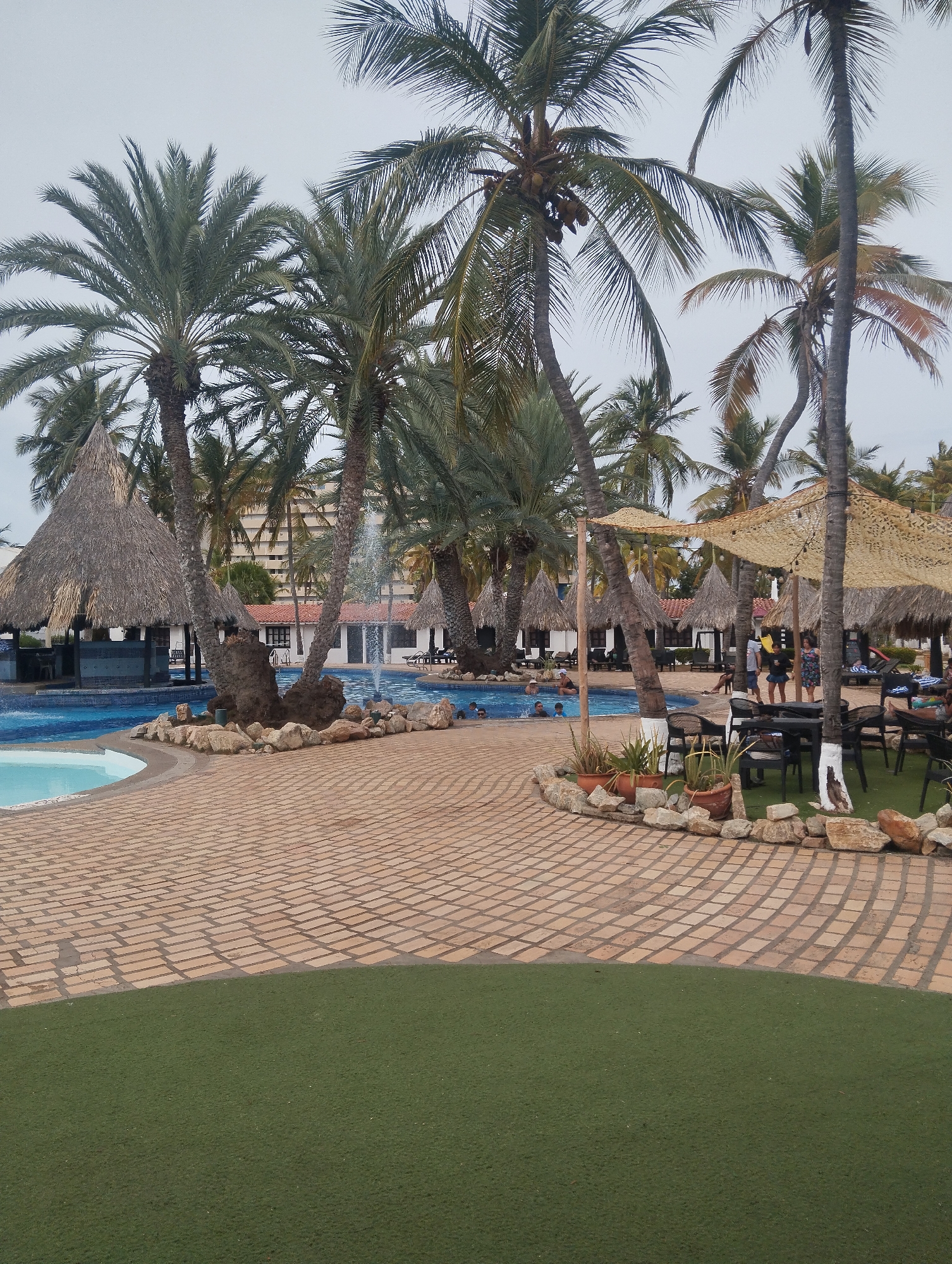 The image depicts a resort setting in Porlamar, Venezuela. A swimming pool with multiple sections and a central fountain is surrounded by palm trees, some of which support thatched-roof umbrellas and structures. People are seen swimming in the pool and interacting near tables and chairs on the brick-paved area. There are potted plants and rocks lining the edges of the paved area where it meets artificial turf. A multistory building is visible in the background.