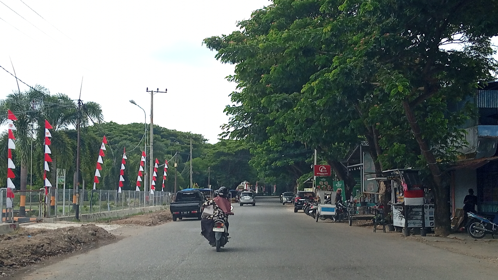 The image captures a street scene in Lhokseumawe, Indonesia, likely near the Krueng Geukueh area, given the presence of Indonesian flags and the tropical foliage. The photograph looks forward down a two-lane asphalt road lined with trees and businesses.
On the left side of the road, a row of Indonesian flags, alternating red and white, are displayed on poles. Behind the flags, palm trees and dense green foliage form a natural backdrop. A fence separates the road from a grassy area.
The road itself is populated with vehicles. In the foreground, a motorcycle with a rider wearing a headscarf and patterned clothing is moving away from the camera. Further down the road, a black pickup truck is visible, followed by a silver car. On the right side of the road, there are several shops and street vendors. One vendor's stall features a prominent display of Indonesian flags. Motorcycles and a cart are parked near the shops. Two individuals are visible near the shops on the right, one standing and another partially obscured.
The sky is overcast, suggesting it might be a cloudy day. The overall impression is of a typical day in a bustling Indonesian city.