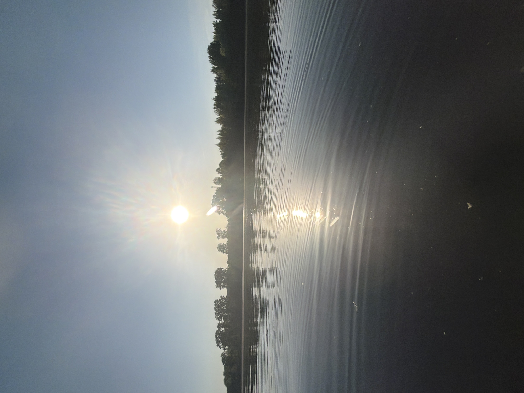 The image shows a body of water, possibly a lake, reflecting sunlight. A line of trees is visible on the opposite bank. The sky is light blue. The location in the city of Noviy, Russia, is not discernible from the image.