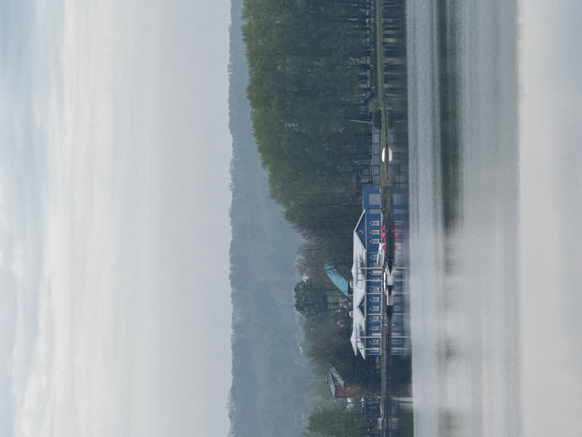 The image shows a water scene in Votkinsk, Russia. A row of buildings with blue siding and white trim are situated along the water's edge. Beyond the buildings are dense green trees, and further in the background are hills or mountains obscured by mist. The water's surface is reflective, mirroring the buildings and sky. The sky appears overcast and grey.