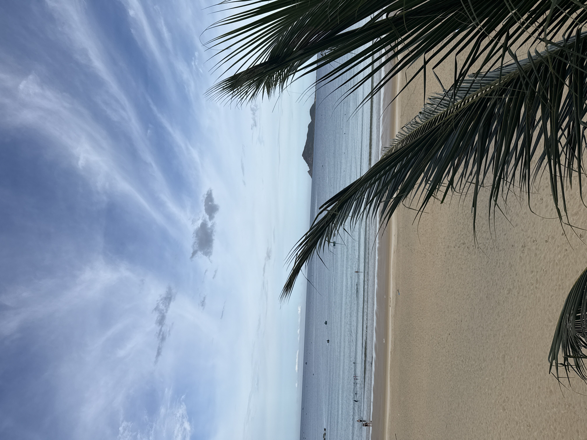 The image depicts a beach scene with a body of water, sand, and sky. In the foreground, a palm frond is visible, partially obscuring the view of the beach and ocean. The sand is a light tan color and appears relatively smooth. The ocean is calm with gentle waves lapping the shore, and a few small boats are scattered across the water. In the distance, a small island or landmass is visible on the horizon. The sky is a light blue with scattered white clouds, some of which are wispy and streaky, suggesting a light breeze. A few people can be seen on the beach and in the shallow water, appearing to be enjoying a day at the seaside. The overall impression is one of a peaceful and serene coastal environment.