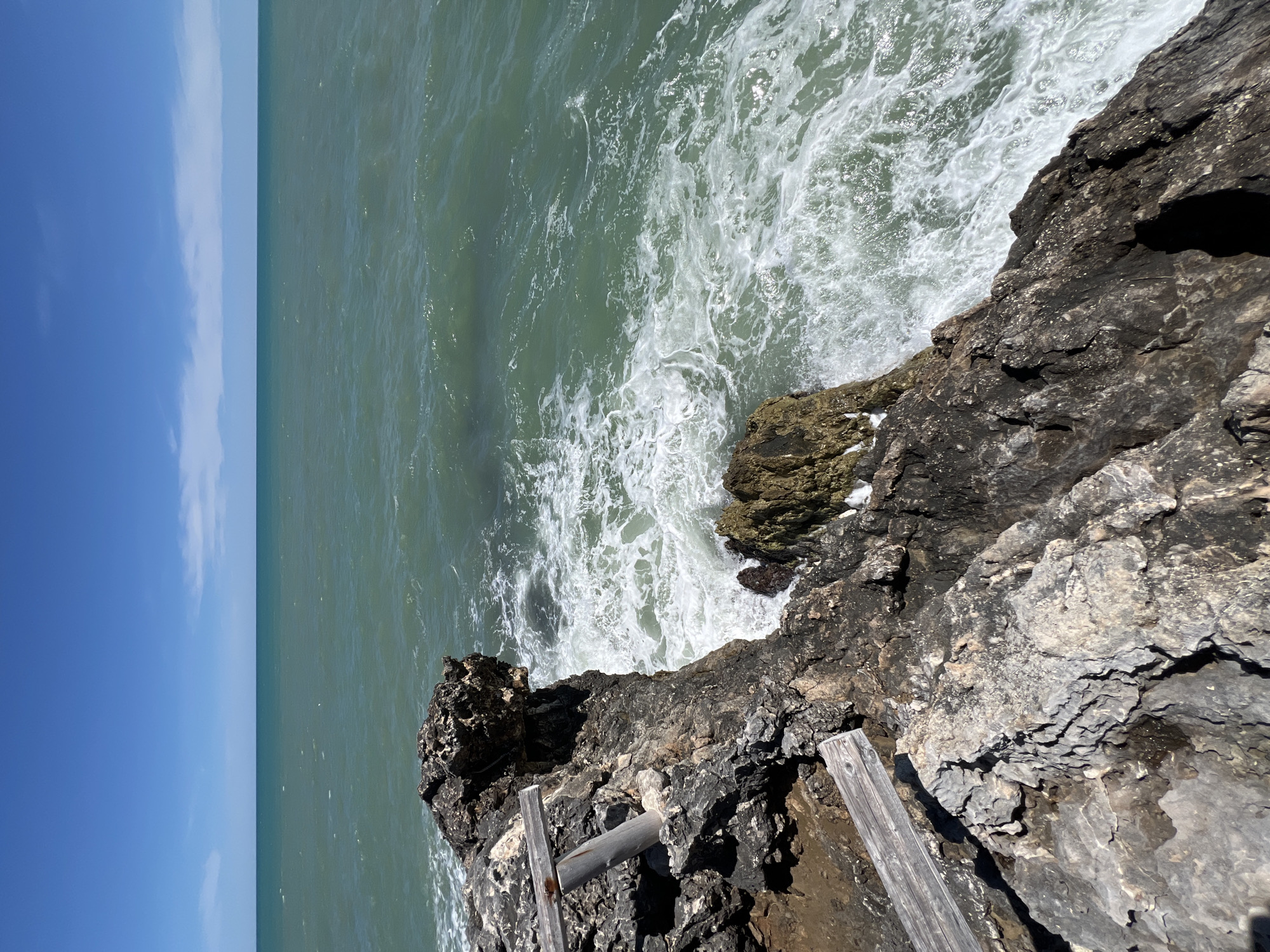 The image depicts a rocky coastline under a clear blue sky. The sea is a vibrant turquoise, with waves crashing against the dark, rugged rocks. In the foreground, there are weathered wooden planks, suggesting a man-made structure like a viewing platform or bench. The rocks are varied in texture and color, some appearing rough and dark, while others have a lighter, more weathered appearance. The sea is alive with white foam where the waves break. The horizon is clearly defined, separating the sea from the expanse of the sky. There are no people visible in the image. This scene is characteristic of the coastal landscape of Peschici, Italy, known for its dramatic cliffs and clear blue waters.
