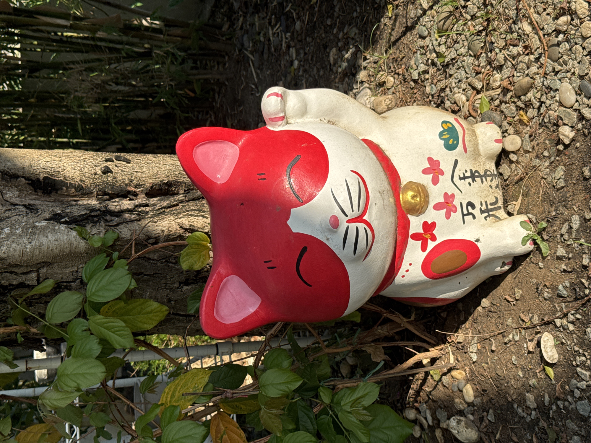 A ceramic Maneki Neko figurine rests on its side on a bed of small rocks and dirt in what appears to be an outdoor garden setting. The cat has a red head and a white body with red and green decorative markings. It is lying near a tree trunk and some green foliage. The location is potentially in Chalong, Thailand. No people are visible.