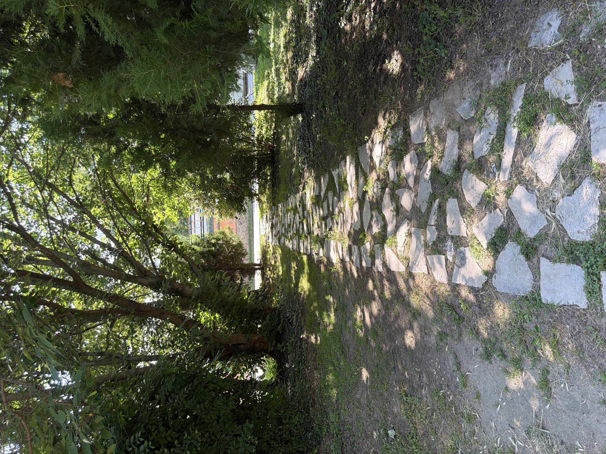 The image depicts a stone pathway winding through a park-like setting, likely within the city of Pazardzhik, Bulgaria. Lush green trees with dense foliage overhang the path, casting dappled shadows on the uneven, irregularly shaped stone slabs that form the walkway. The ground beside the path is covered in grass and some dry leaves, suggesting a natural, unmanicured environment. In the background, a building with a reddish-brown roof is partially visible, peeking through the trees. The overall scene evokes a sense of tranquility and natural beauty, typical of a public park or garden. There are no people or animals visible in the image.