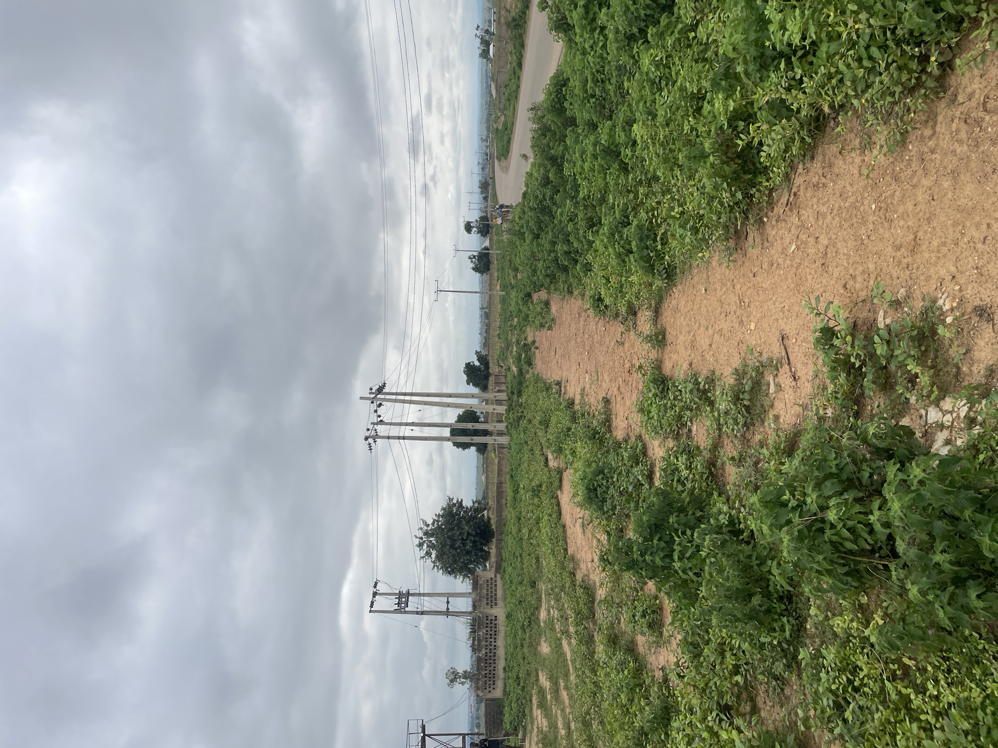 The image depicts an overcast day in a semi-rural area, possibly on the outskirts of Baganakwo, Nigeria. In the foreground, a dirt path winds through overgrown green vegetation. To the left, a man in a dark shirt is visible standing next to a tall metal structure, possibly a water tank, and holding a long-handled tool. Adjacent to this, a low, concrete block wall with decorative openings runs horizontally. Beyond the wall, several tall utility poles with wires are spaced across the landscape. A mature tree stands behind the wall, and more trees are scattered in the middle ground. In the background, a paved road curves to the right, with a few people on bicycles visible on it. The landscape stretches to the horizon, with a scattering of buildings and more distant trees under a heavy, grey sky. The overall impression is one of undeveloped land with infrastructure present, suggesting a developing area.