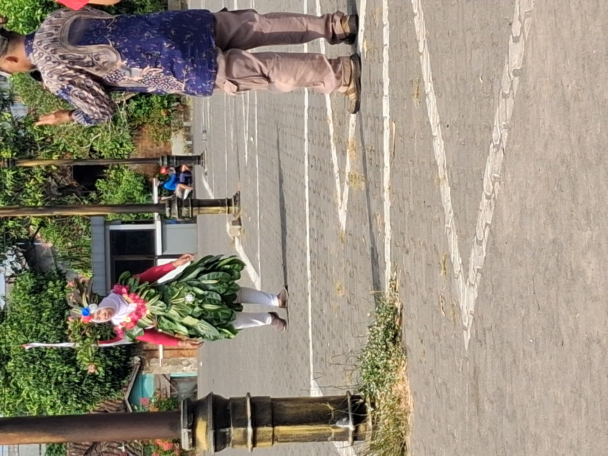 In Surakarta, Indonesia, a person wearing a costume made of green leaves and pink flowers stands on a paved plaza. The costume features a headdress adorned with blue and white flowers. The person is wearing a light pink hijab, a long-sleeved red shirt underneath the leaf costume, white pants, and brown shoes. Another person, partially visible from the back, stands to the right, wearing a patterned blue and white shirt and tan cargo pants. They appear to be holding something to their ear, possibly a microphone. In the background, there are trees, a building, and two people sitting on a bench. The plaza has white painted lines on the pavement.