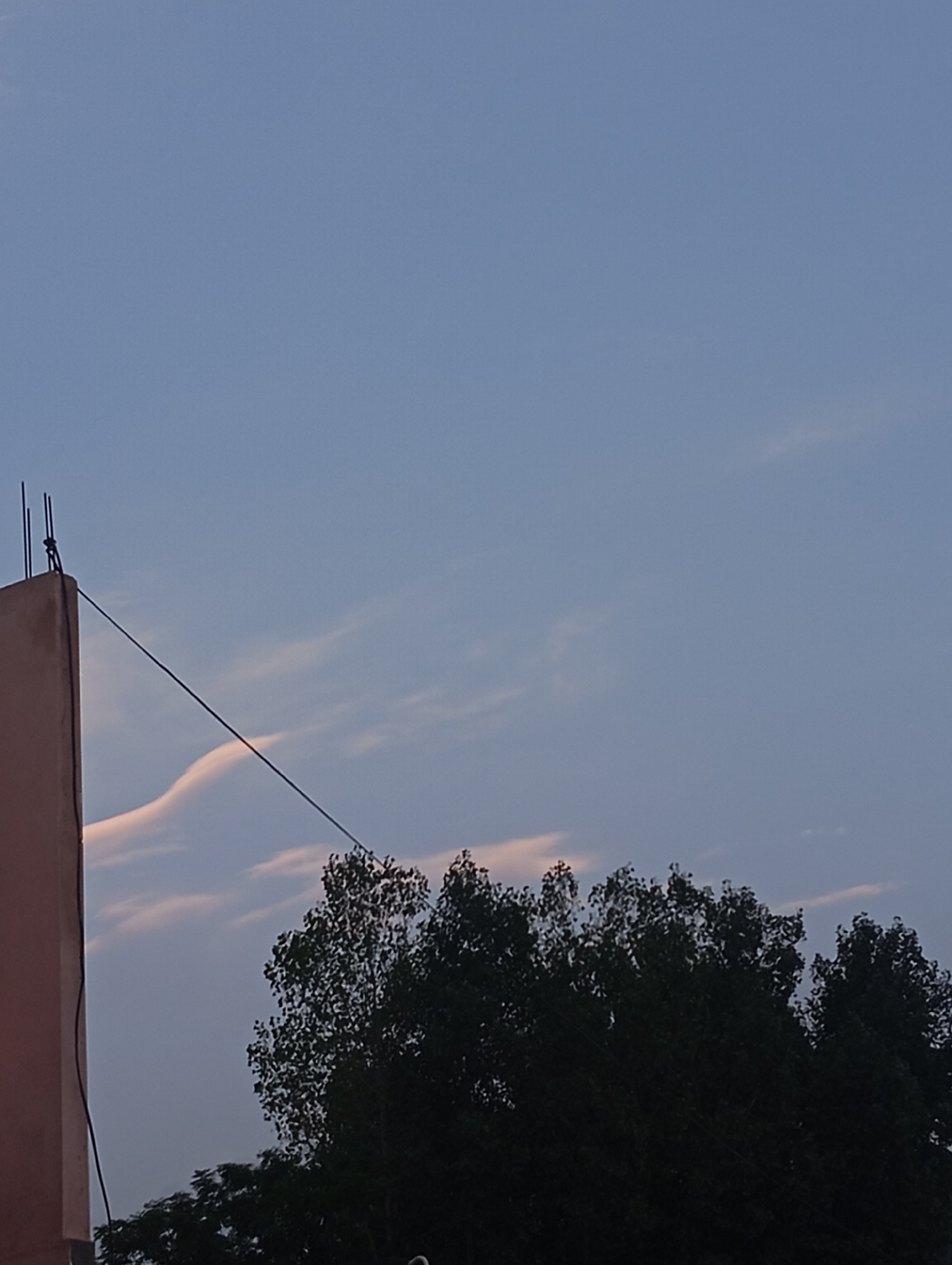The image shows a building with some rebar protruding from the top, against a pale blue sky with wispy clouds. A black wire runs diagonally across the frame from the building to the right. In the lower part of the image, a dark silhouette of dense foliage, likely trees, is visible. The lighting suggests it is either dawn or dusk. The scene is devoid of people.