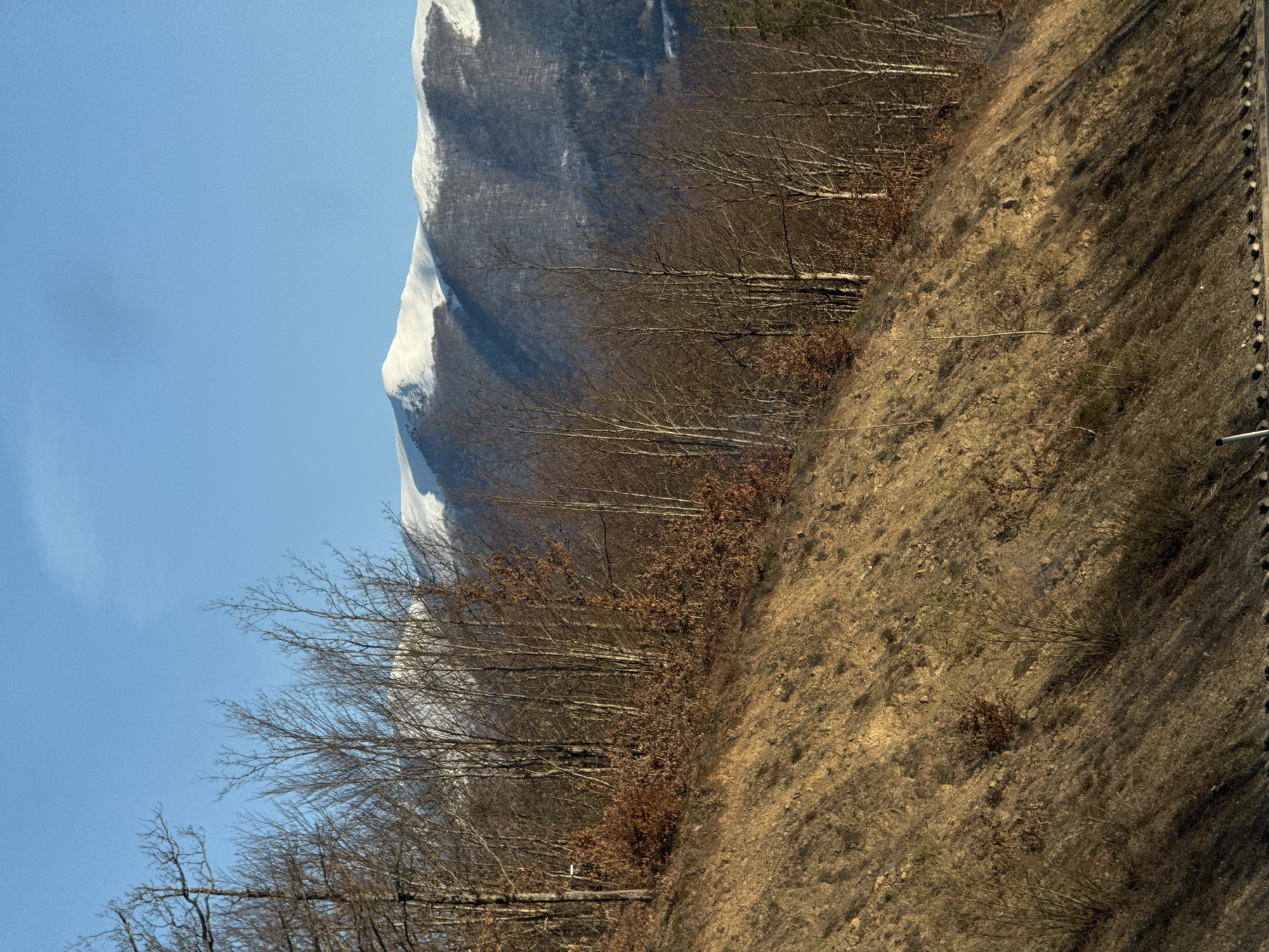 The image depicts a mountainous landscape, possibly in the vicinity of Mojkovac, Montenegro. The left side of the image features a clear blue sky. A snow-capped mountain range borders the left side of the sky. A hillside slopes downward to the right, covered in dry grass and sparsely populated with bare trees, indicating either winter or early spring. A roadside guardrail is partially visible on the right-hand edge. There are no people or animals visible in the image.