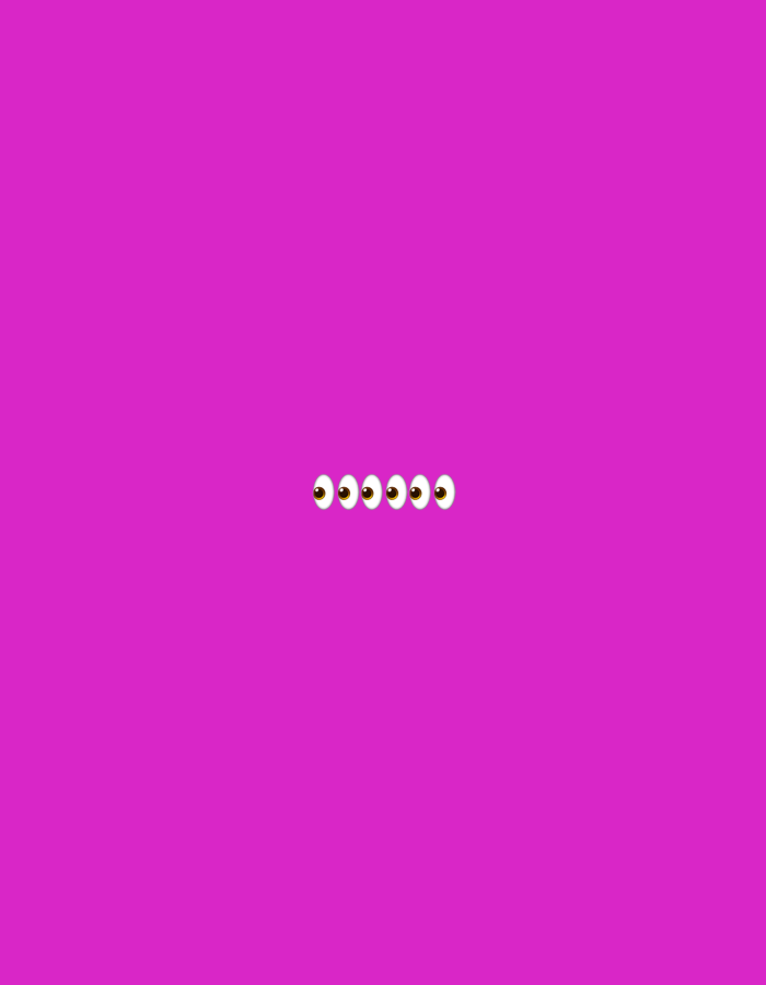 The image displays an abstract and minimalist composition featuring six cartoonish eyes horizontally aligned against a solid, vibrant magenta background. Each eye is rendered with a white sclera, a brown iris, and a dark black pupil, giving them a wide-open and attentive appearance. The eyes are evenly spaced and positioned centrally in the frame.
The setting is entirely abstract, characterized by the uniform magenta color that fills the entire canvas, creating a stark contrast with the white and brown elements of the eyes. There are no other discernible objects, people, or environmental details within the image to suggest a specific scene or location. No activity or event is taking place; the eyes simply gaze forward.
Notable details include the bright, saturated hue of the background and the simplified, emoji-like style of the eyes. There are no cues for time of day or weather, nor any visible text. While the provided context is Santa Ana, Venezuela, there are no visual elements in the image itself to corroborate this location. The overall mood is simple, direct, and slightly whimsical due to the stylized eyes.