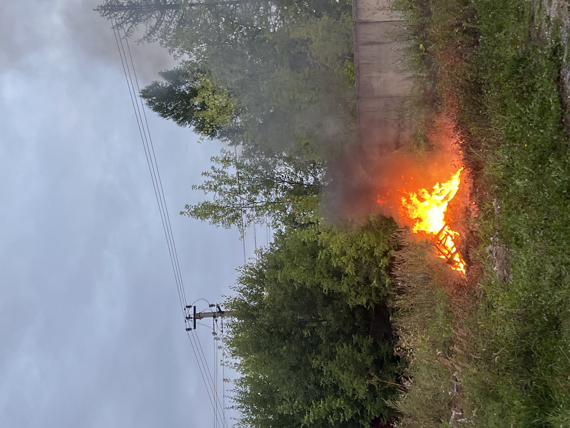 A bonfire burns in a patch of overgrown grass and weeds, with plumes of dark smoke rising into a cloudy sky. In the background, a concrete wall runs horizontally across the frame, separating the grassy area from a line of trees. Power lines are visible stretching across the upper portion of the image, supported by utility poles. The scene appears to be in a semi-rural or industrial area on the outskirts of Taldom, Russia. There are no people visible in the image.
