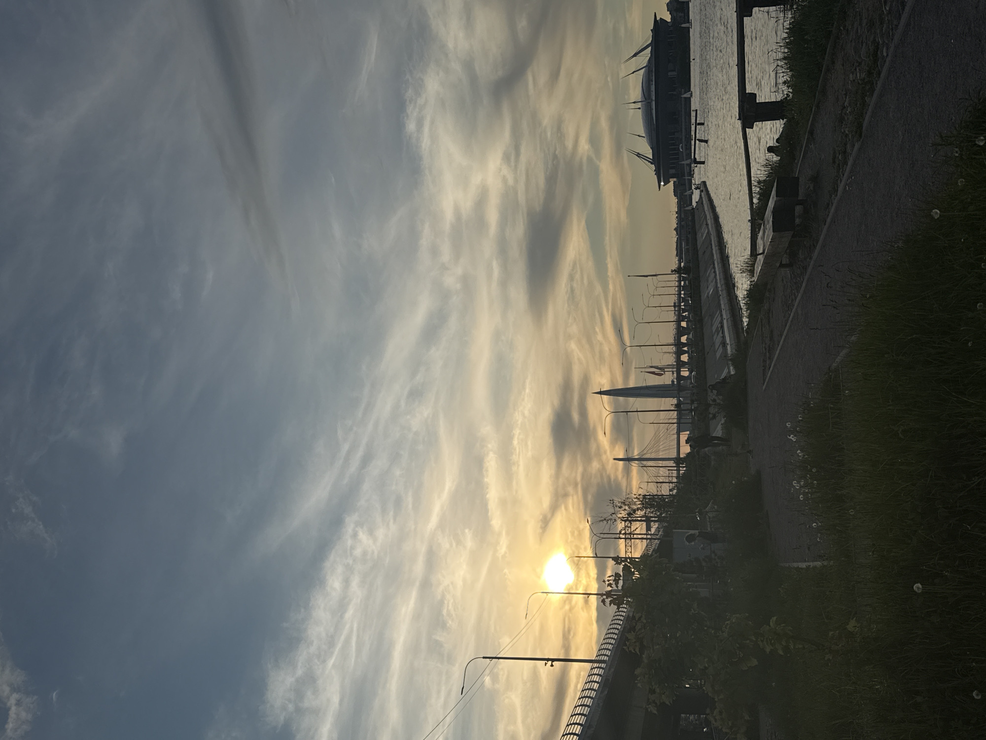 This image captures a serene urban waterfront scene in Saint Petersburg, Russia, at either sunrise or sunset. The sky is a dominant feature, displaying a striking gradient from soft blue-grey on the left to warm yellow and orange tones around the brightly shining sun, located on the right side of the frame. Wispy, elongated clouds, likely cirrus or cirrocumulus, are stretched across the sky, beautifully illuminated by the low sun.
In the foreground and mid-ground, a paved pathway or embankment runs alongside a body of water, possibly a river or canal, which appears calm and reflects the ambient light. Patches of dark green grass with scattered dandelions line the edge of the pathway. Several modern streetlights with overhead wires are silhouetted against the radiant sky, extending into the distance. A dark bench is visible near the water, and a faint silhouette, possibly a person, can be seen seated on it.
Further in the background, a distinctive large building with a unique, spired roof structure, identifiable as the Gazprom Arena (Zenit Arena), stands prominently near the water. Nearby, elements of a large cable-stayed bridge are also visible, contributing to the urban skyline. The overall atmosphere is peaceful and picturesque, characterized by the warm, golden light of the sun contrasting with the darker silhouettes of the city infrastructure. No visible text is present in the image.
