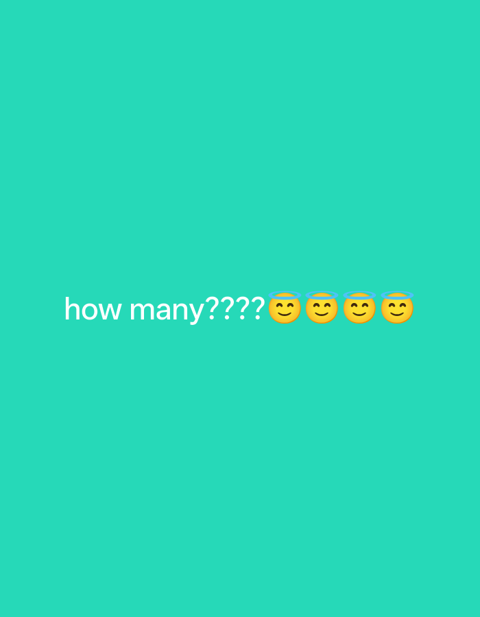 The media file is a digital image with a plain, bright turquoise background. In the lower portion of the image, white text reads "how many????". Following the text are four yellow emojis, each depicting a smiling face with closed eyes and a light blue halo above its head. These emojis appear to be identical. The overall tone of the image is light and playful, likely intended to pose a question or prompt engagement. There are no specific details about the time of day, weather, or location cues, other than the provided context that the image is related to Payagaboh, Indonesia. The subjects are the emojis, and the activity is implied to be a counting question.